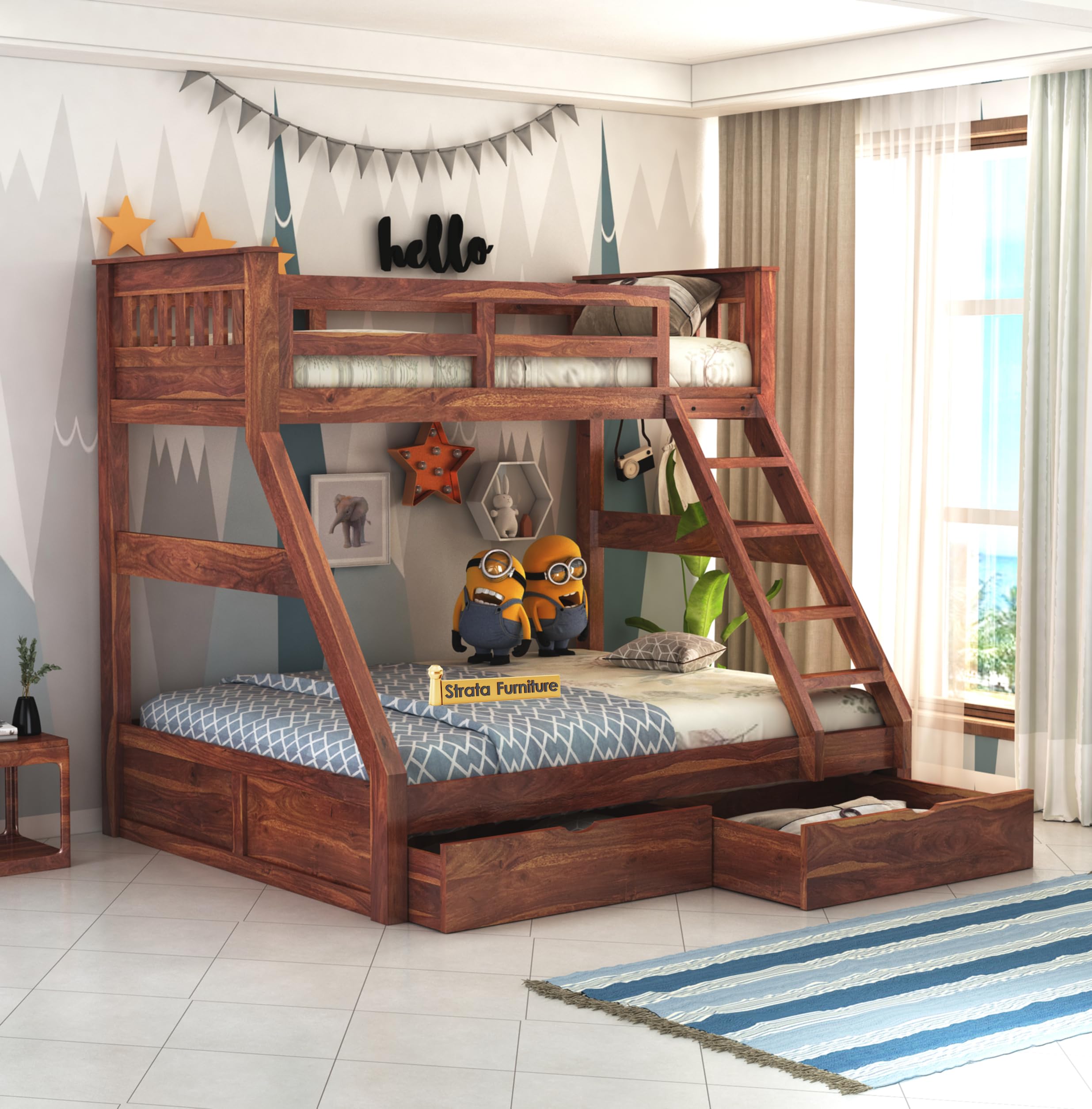 Strata Furniture Sheesham Wood Bunk Bed With 2 Drawer Storage Wooden Double Bed Furniture For Bedroom Home (Natural Finish)