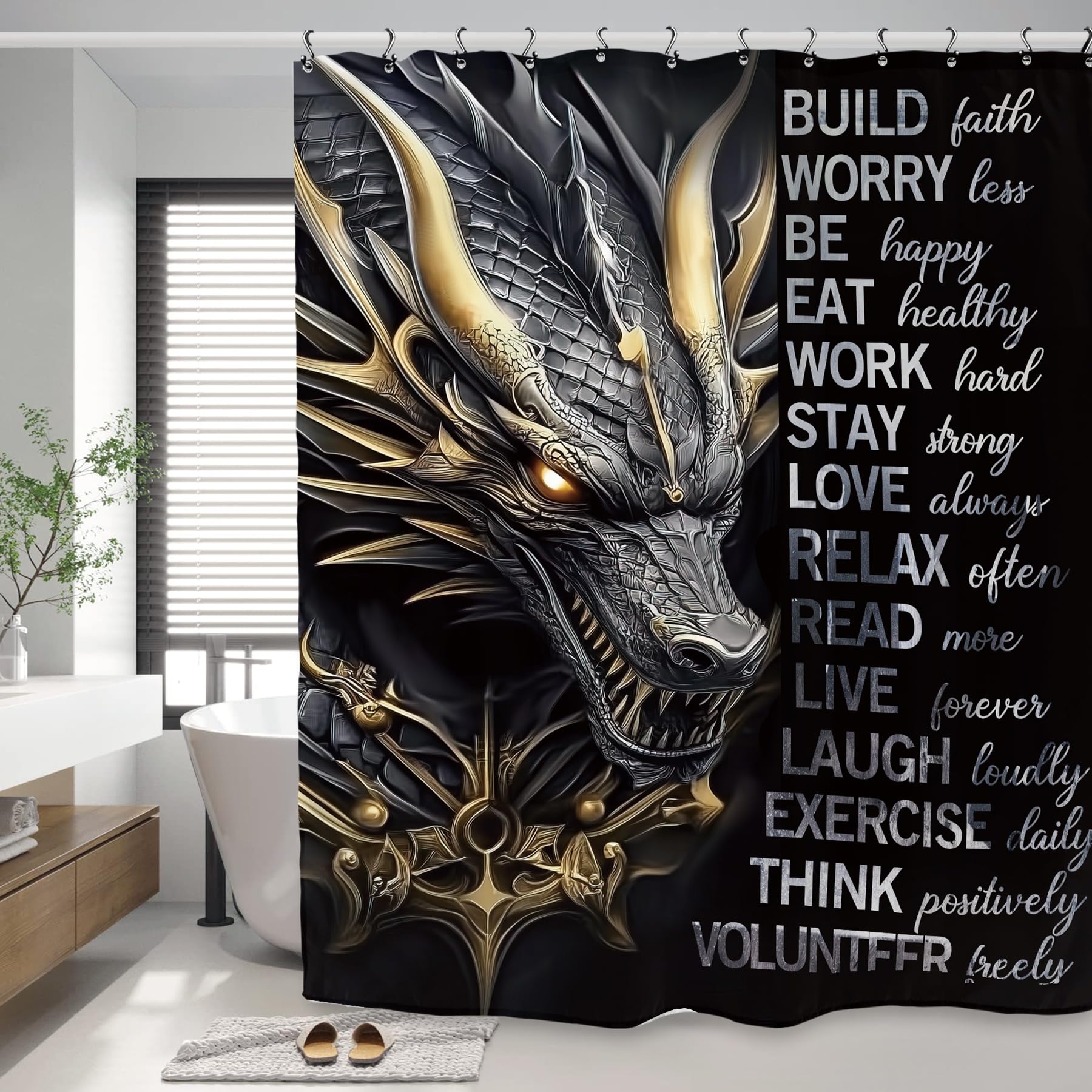 Kalmico Dragon Man Black Gold Shower Curtain 60Wx72L Inch Motivational Inspirational Quotes Positive Cool Teen Boys Bathroom Set