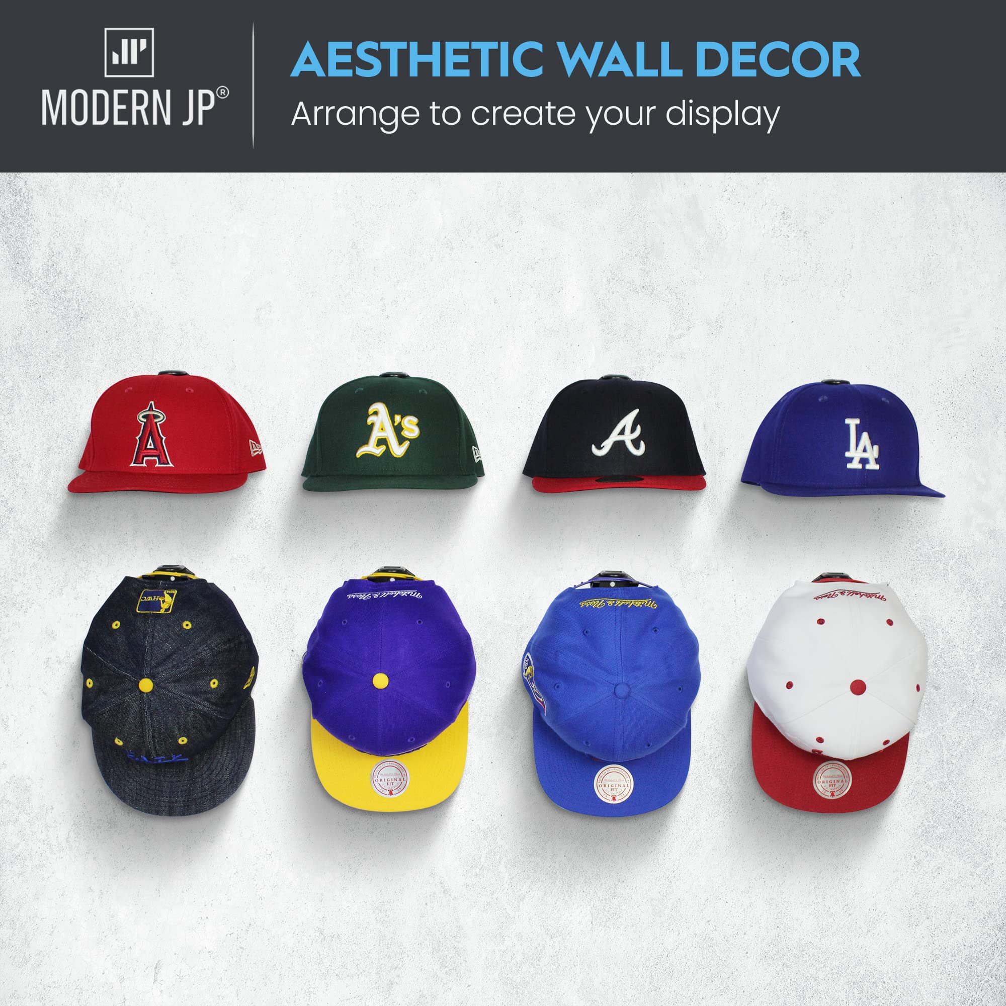 Modern Jp Adhesive Hat Hooks For Wall (8-Pack) - Hat Rack For Baseball Caps, Minimalist Hat Display, Strong Hold Hat Hangers For