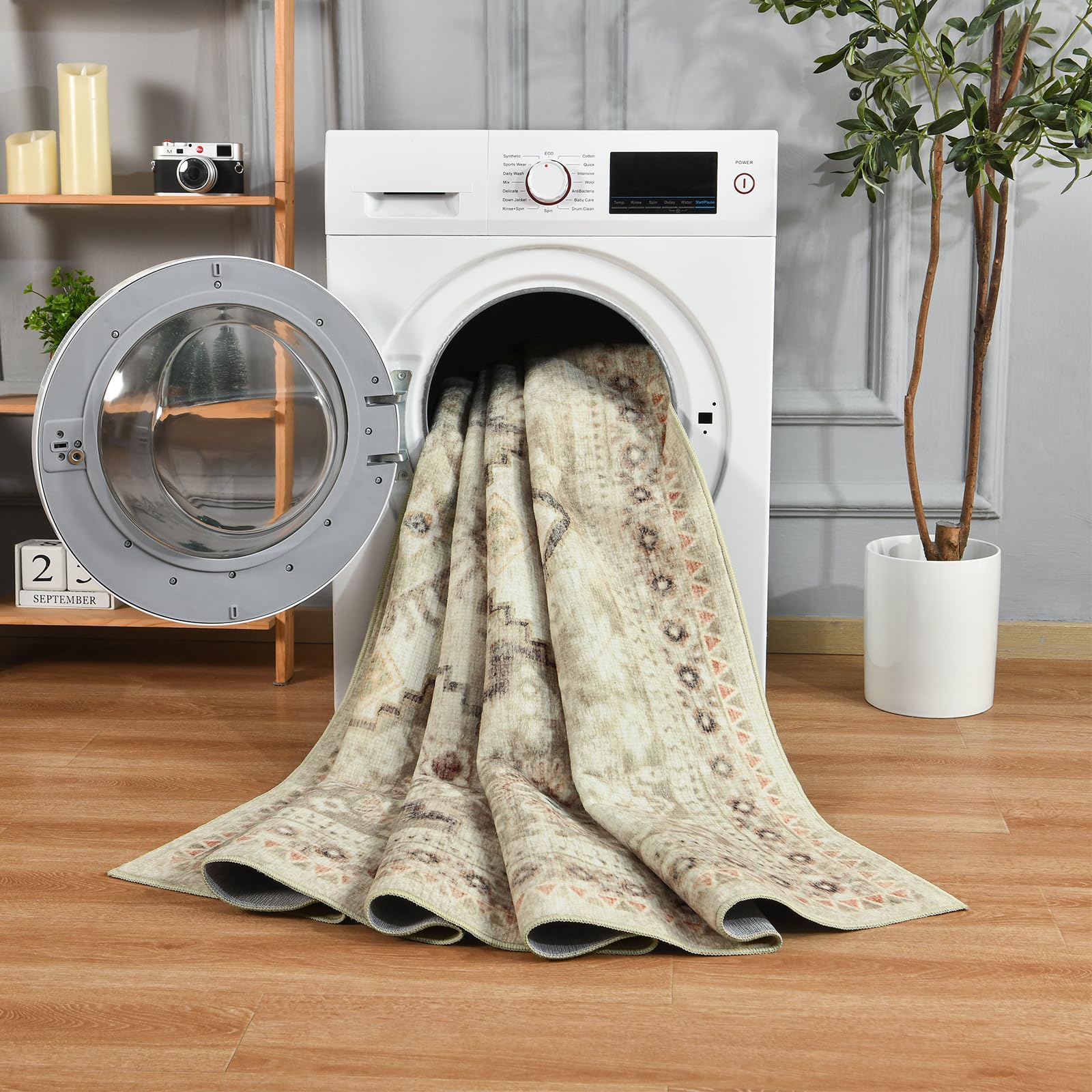 Washable Rug 4x6 Area Rug Beige Vintage Floral Print Nonslip Thin Foldable Carpet for Living Room Bedroom Kitchen and Bathroom T