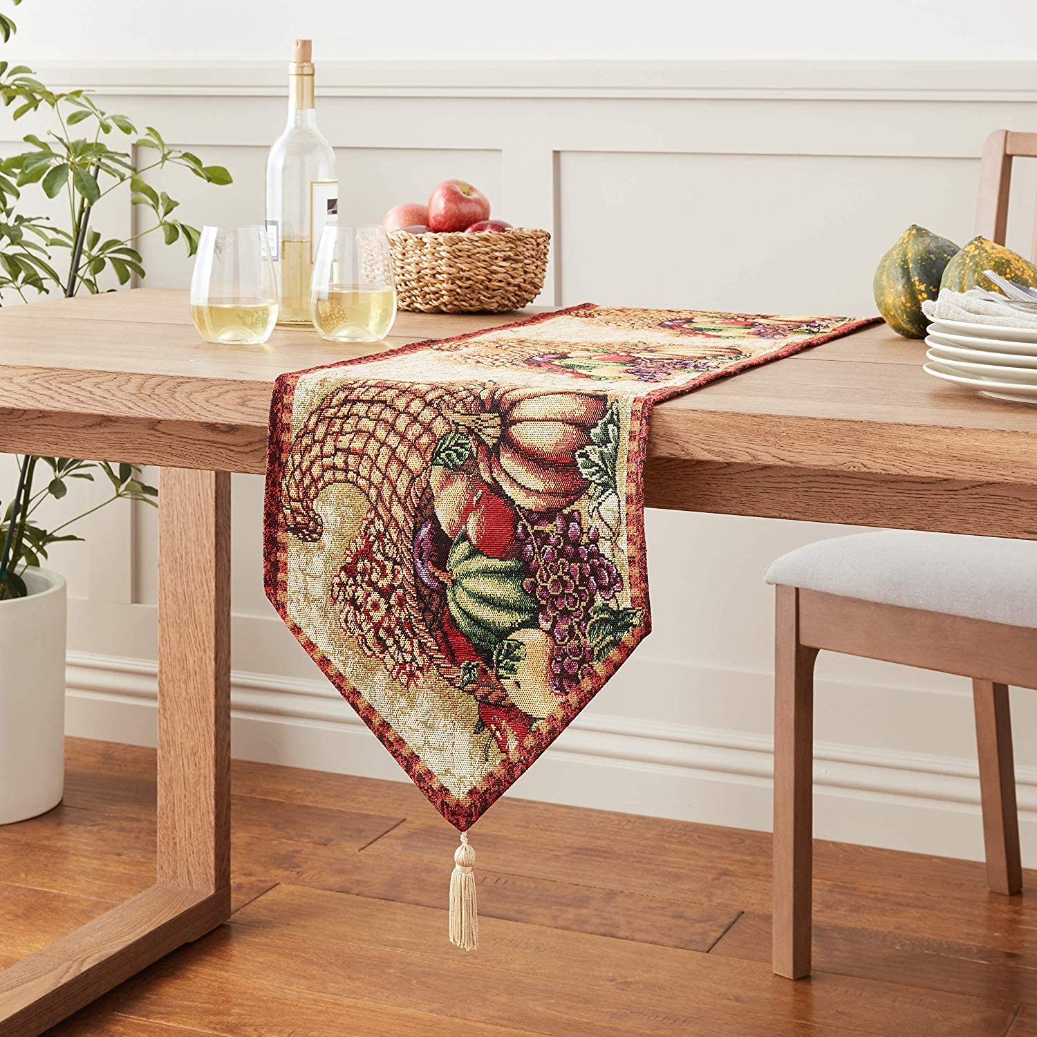 Homecrate Fall Harvest Collection - Tapestry Cornucopia With Pumpkins And Fruits Design - 13'' X 70'' Table Runner