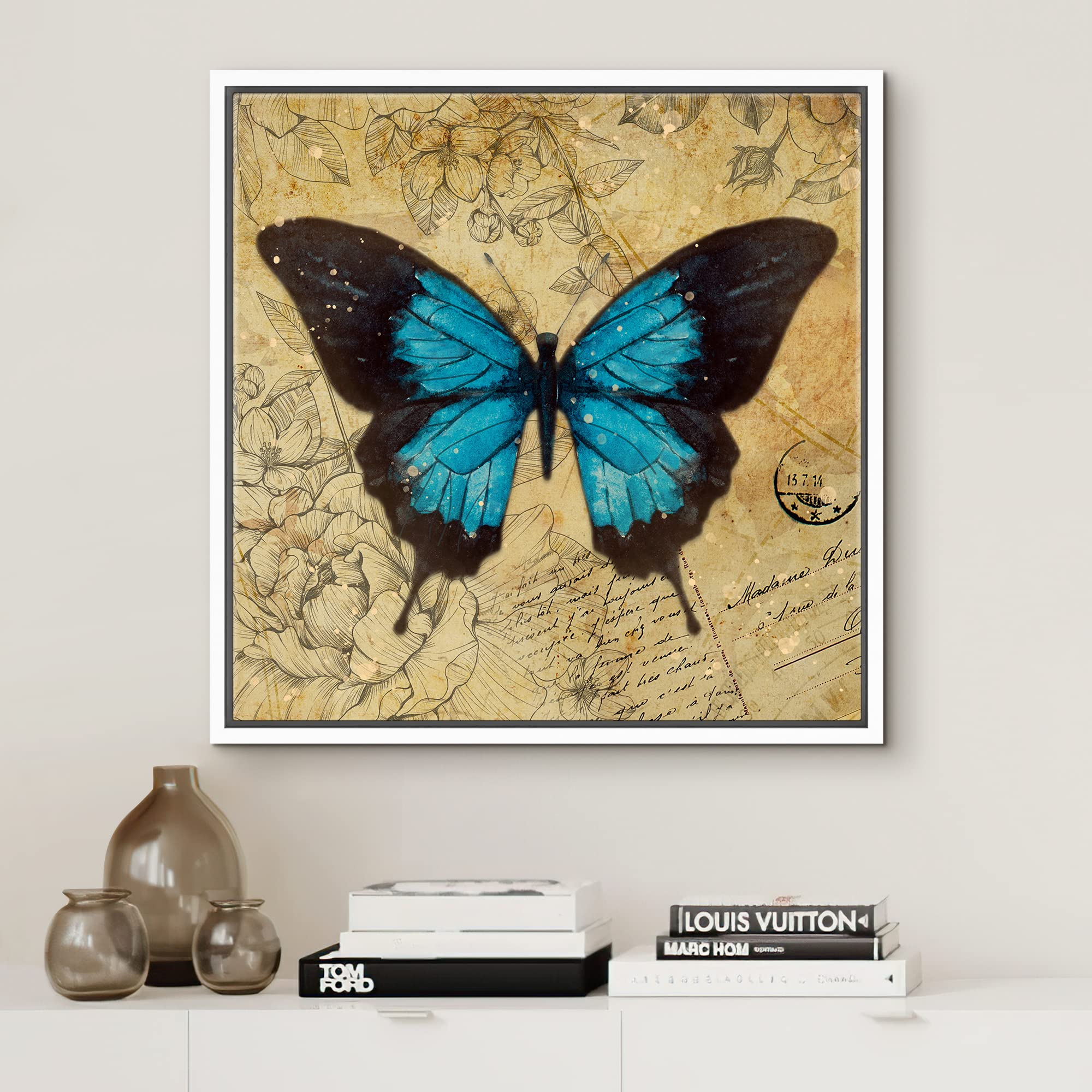 Wall26 Canvas Print Wall Art Teal & Black Butterfly Floral Pattern Nature Wilderness Rustic Modern Art Farmhouse Decorative Anim