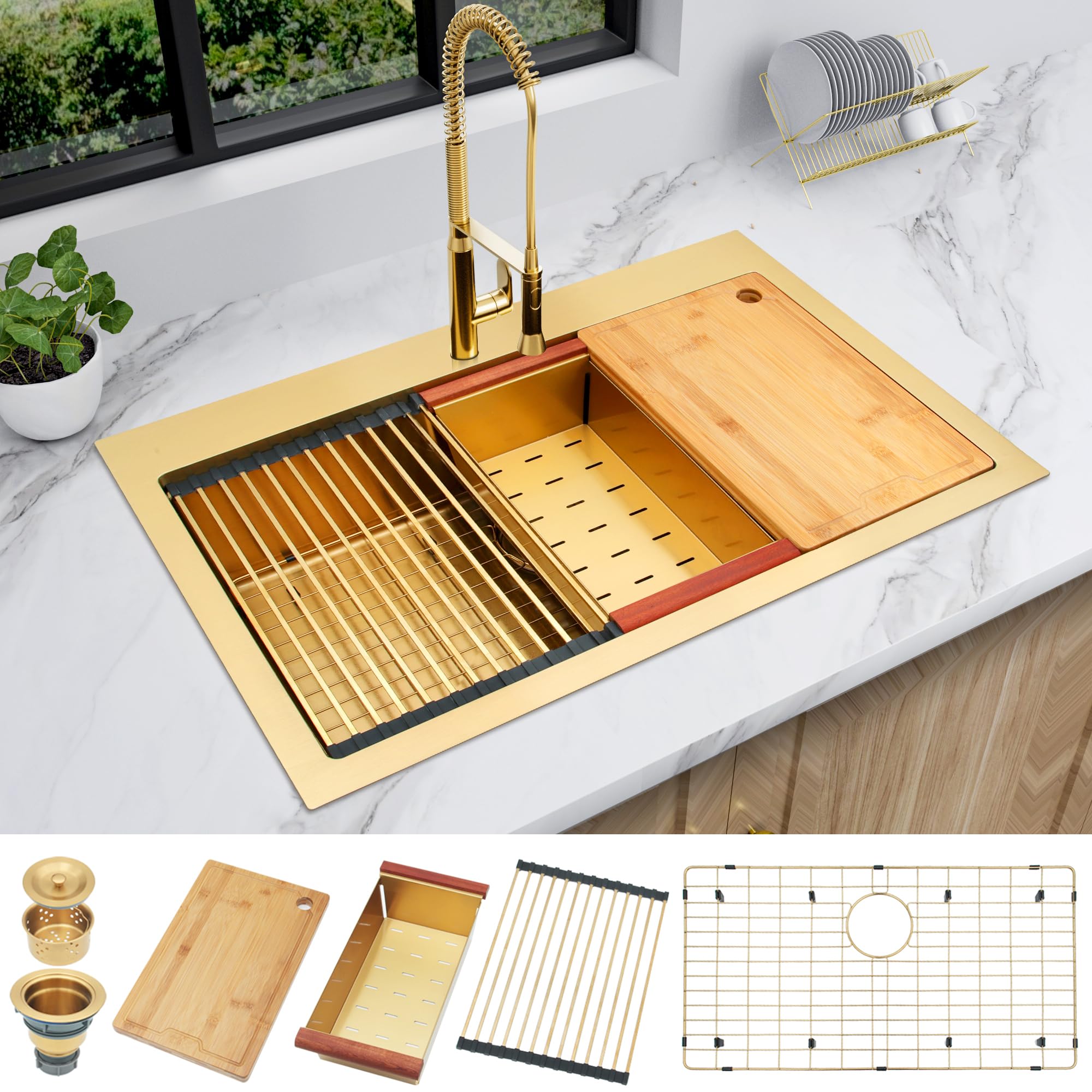 Lqs Kitchen Sinks, Drop In Kitchen Sink, 33    X 22    Workstation Kitchen Sink, Stainless Steel Kitchen Sink, Gold Kitchen Sink
