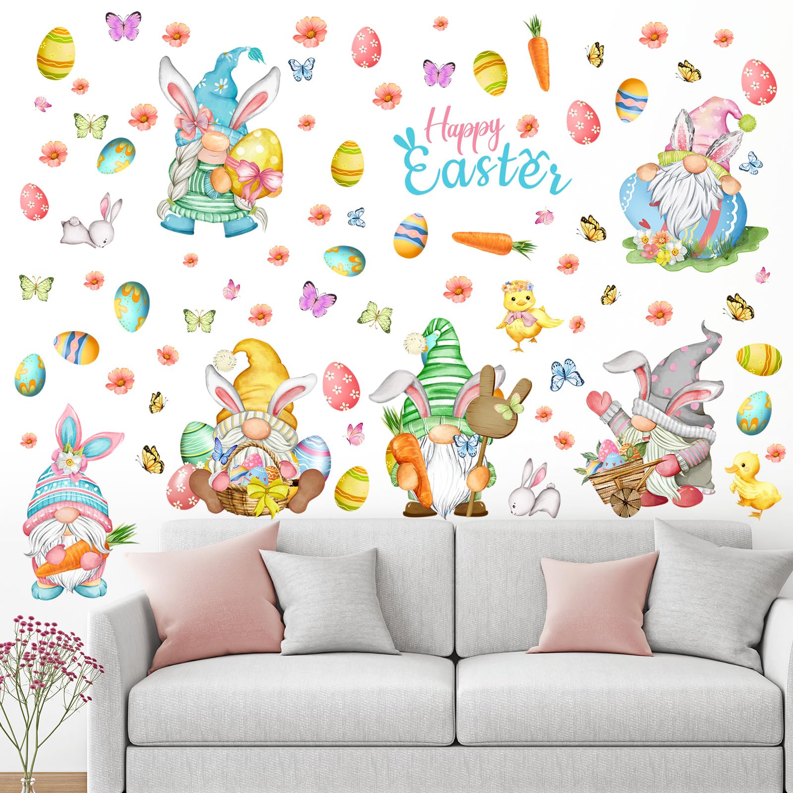 Eersida 6 Sheets Happy Easter Wall Stickers Easter Window Clings with Gnomes Eggs Butterflies Colorful Spring Party Supplies Dec