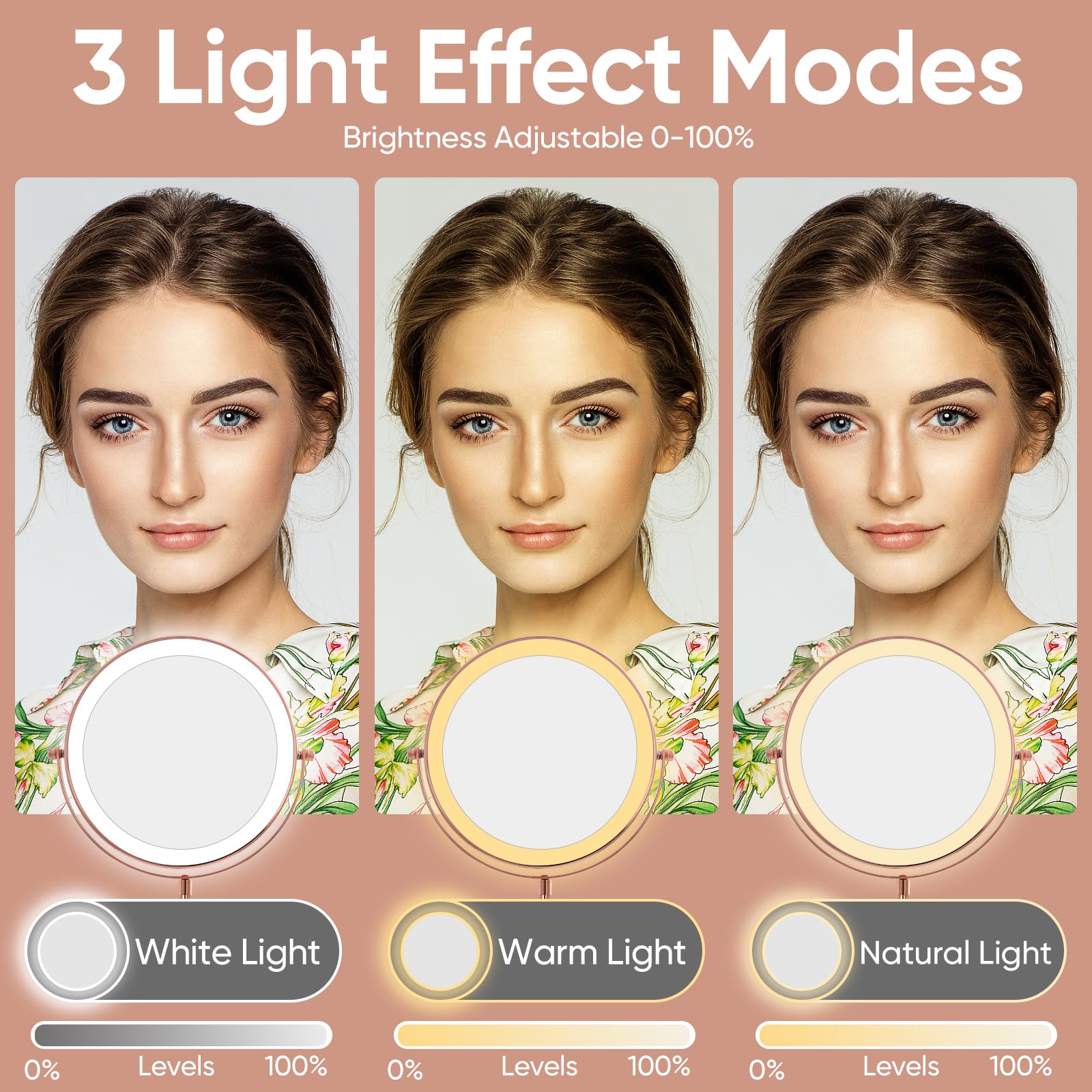 Nicesail Led Make Up Mirror With Lighting, Magnifying Mirror With 3 Color Dimmable Lights, Height Adjustable Stand Up 360Rotatio