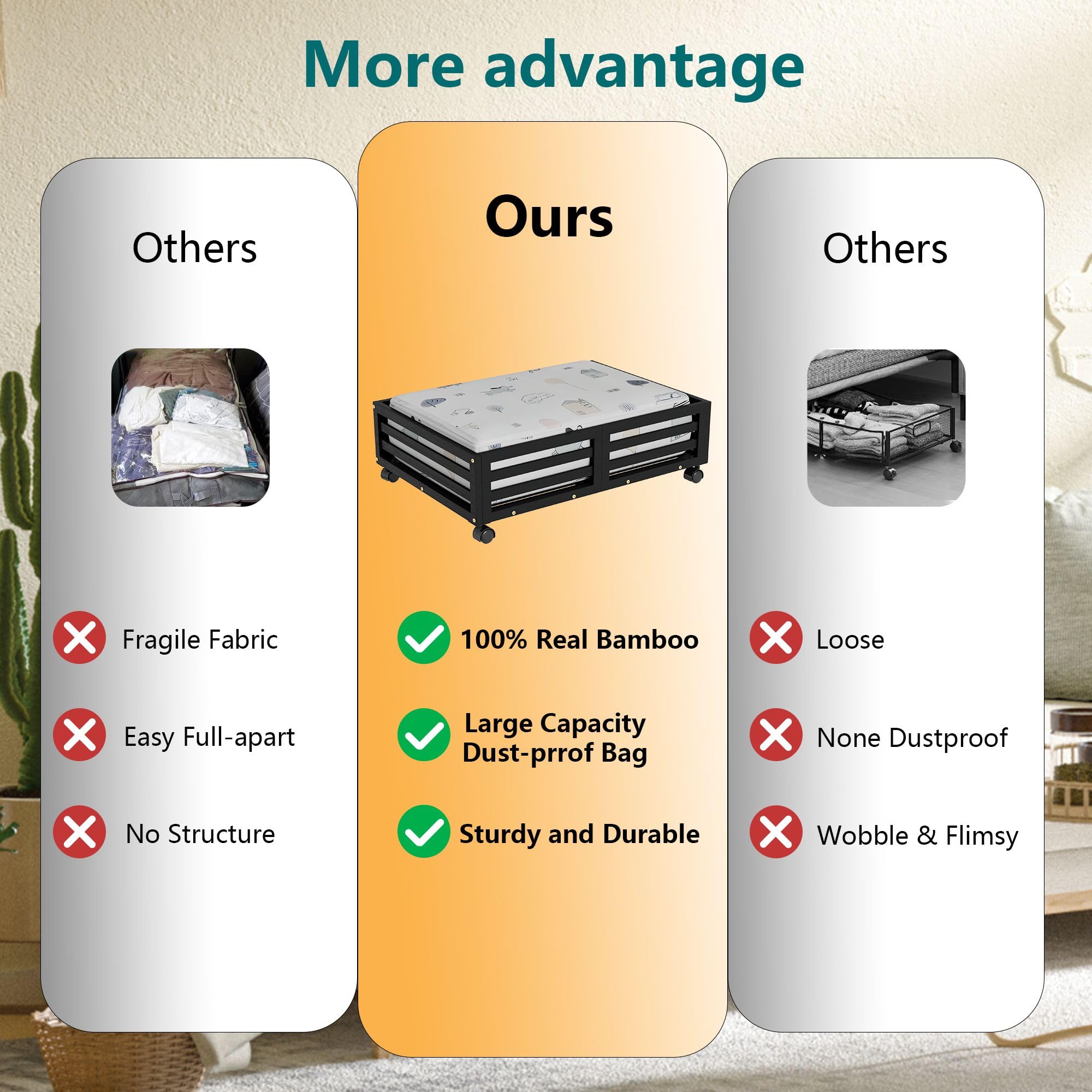 Bamboo Under Bed Storage Containers- Underbed Organizer with Wheels with Large Capacity Dust Bag,Sturdy Wood Rolling Under Bed S