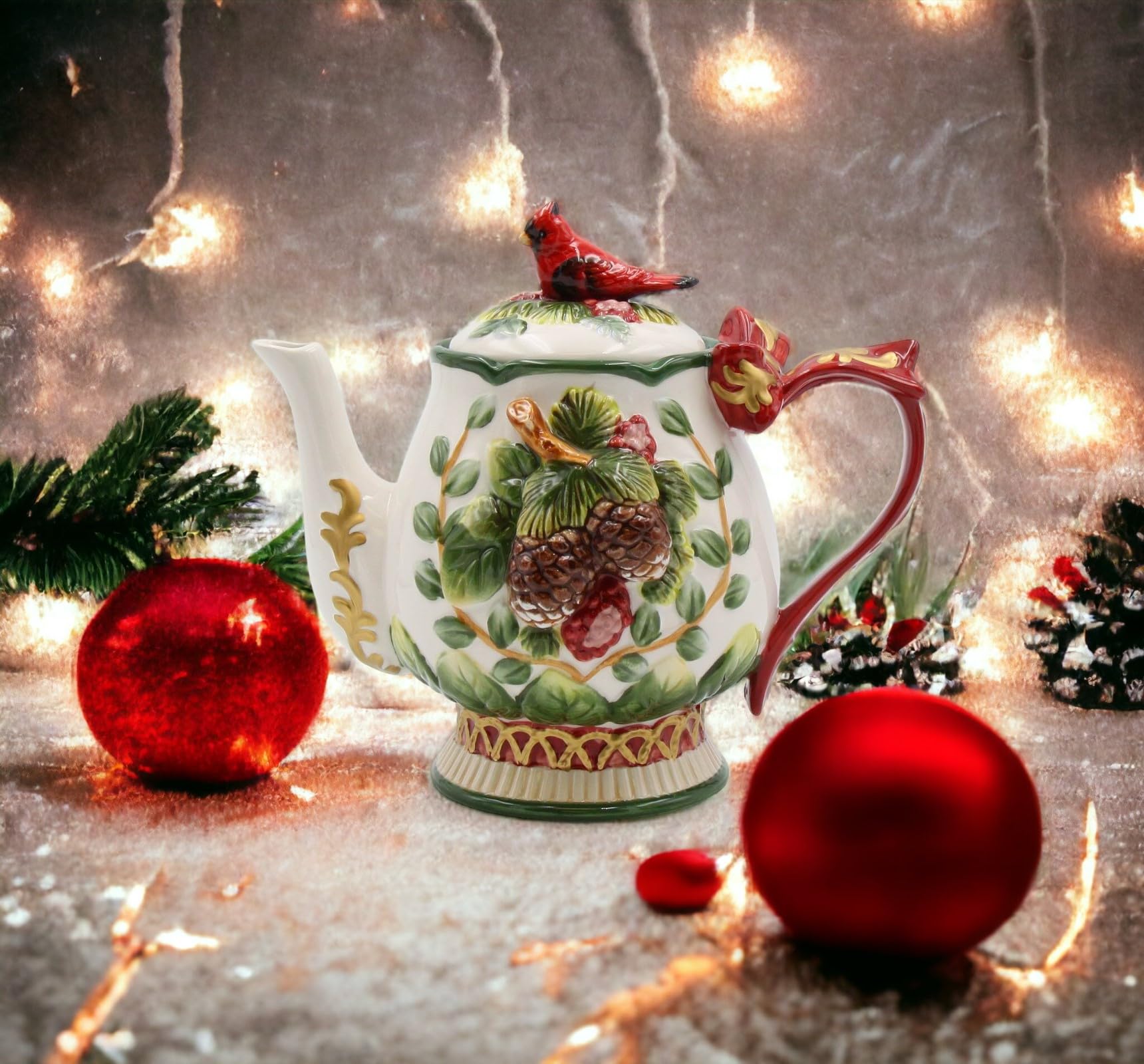 Fine Ceramic Hand Painted Cardinal and Evergreen Pine Cone Design with Red Ribbon Handle Teapot  8-1/8'' L