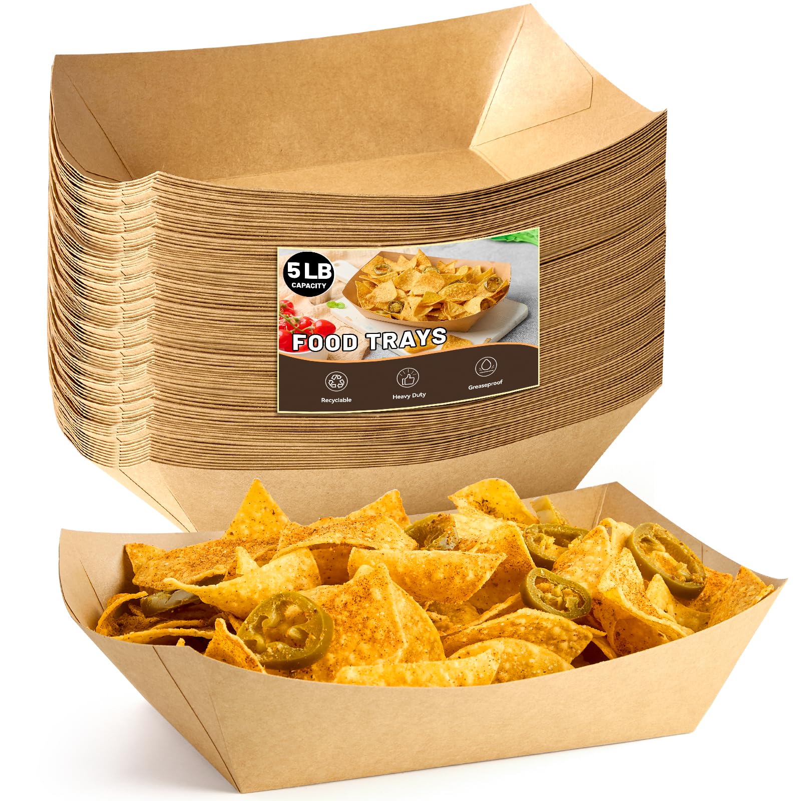 ZORRITA 5 LB Extra Large Paper Food Trays, 50 Pack Disposable Nacho Trays Kraft Paper Food Boats Party Serving Baskets for Sandw