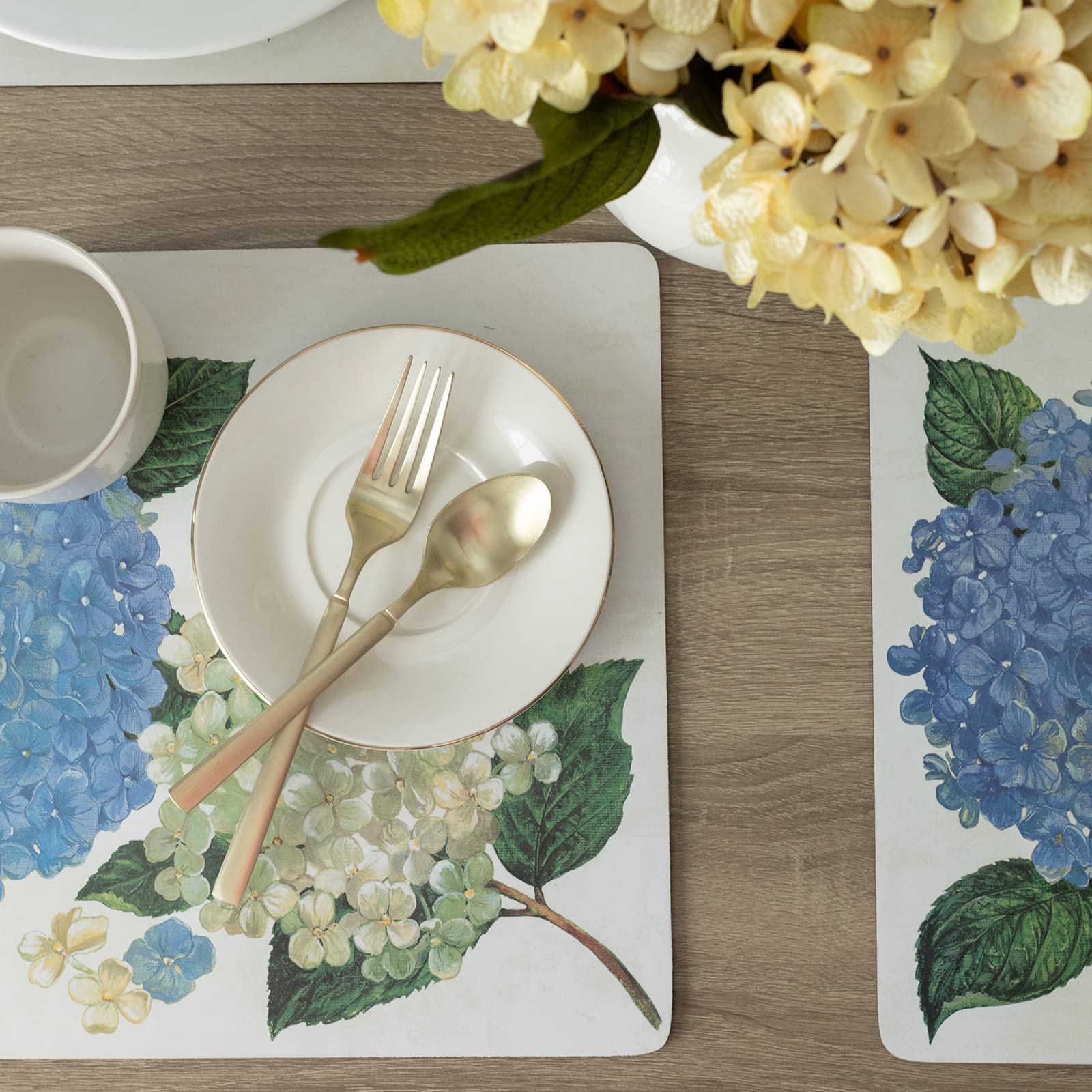 Benson Mills Cork Placemats Set of 4  Thick Cork Place Mats for Kitchen and Dining Tables  Easy Clean Table Mats (12'' x 16'' Rectangular Set of 4  Hydrangea Floral)