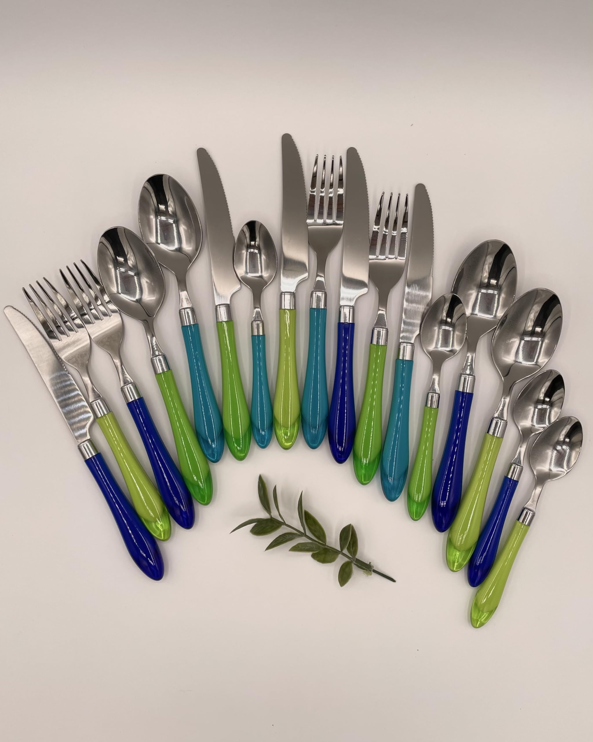 The Original Brink House Sea Blue Green Mix & Match Stainless Steel Cutlery Set With Translucent Handles / 16 Pieces With Metal