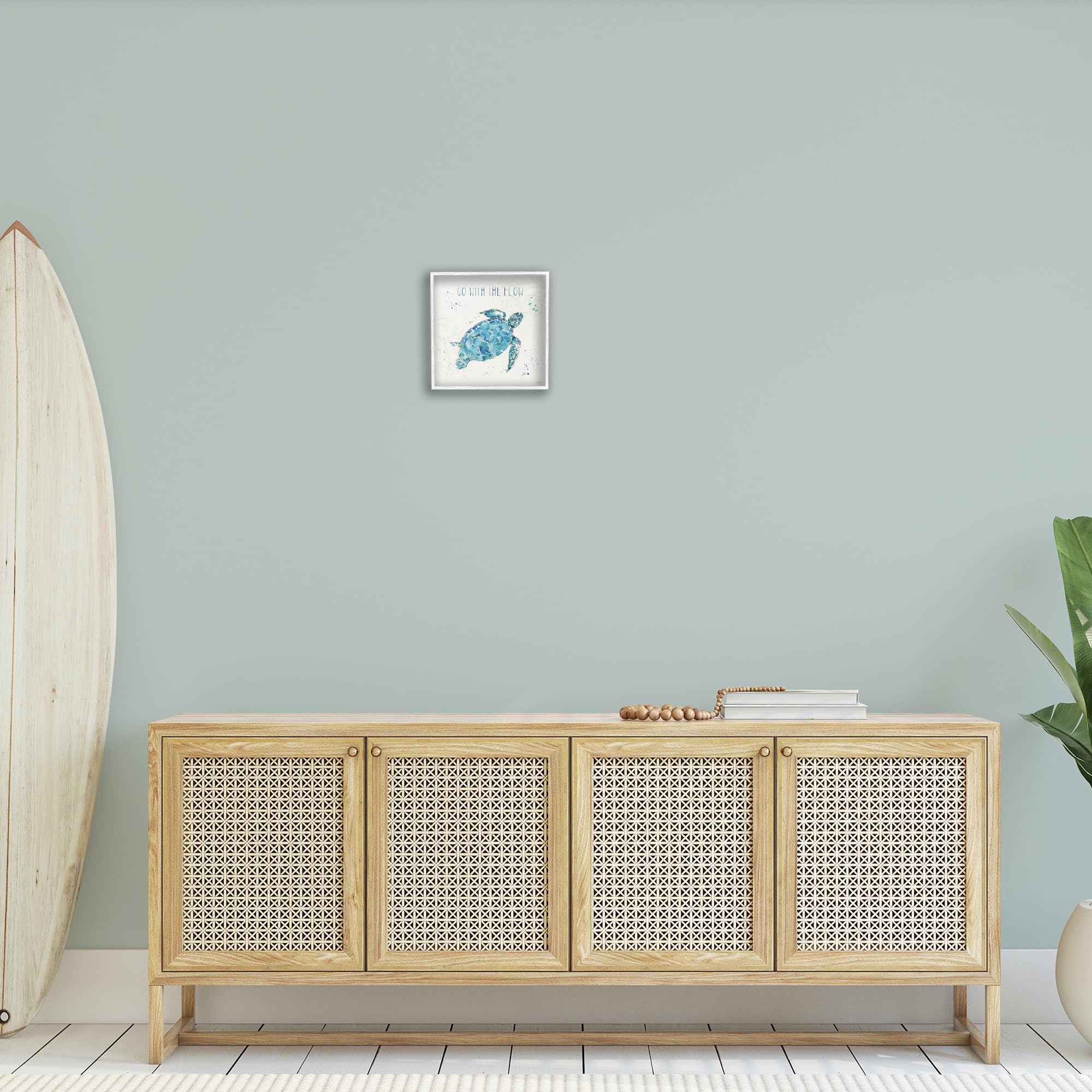 Stupell Industries Go With The Flow Quote Turtle Tortoise Blue Green Watercolor, Design By Anne Tavoletti White Framed Wall Art,
