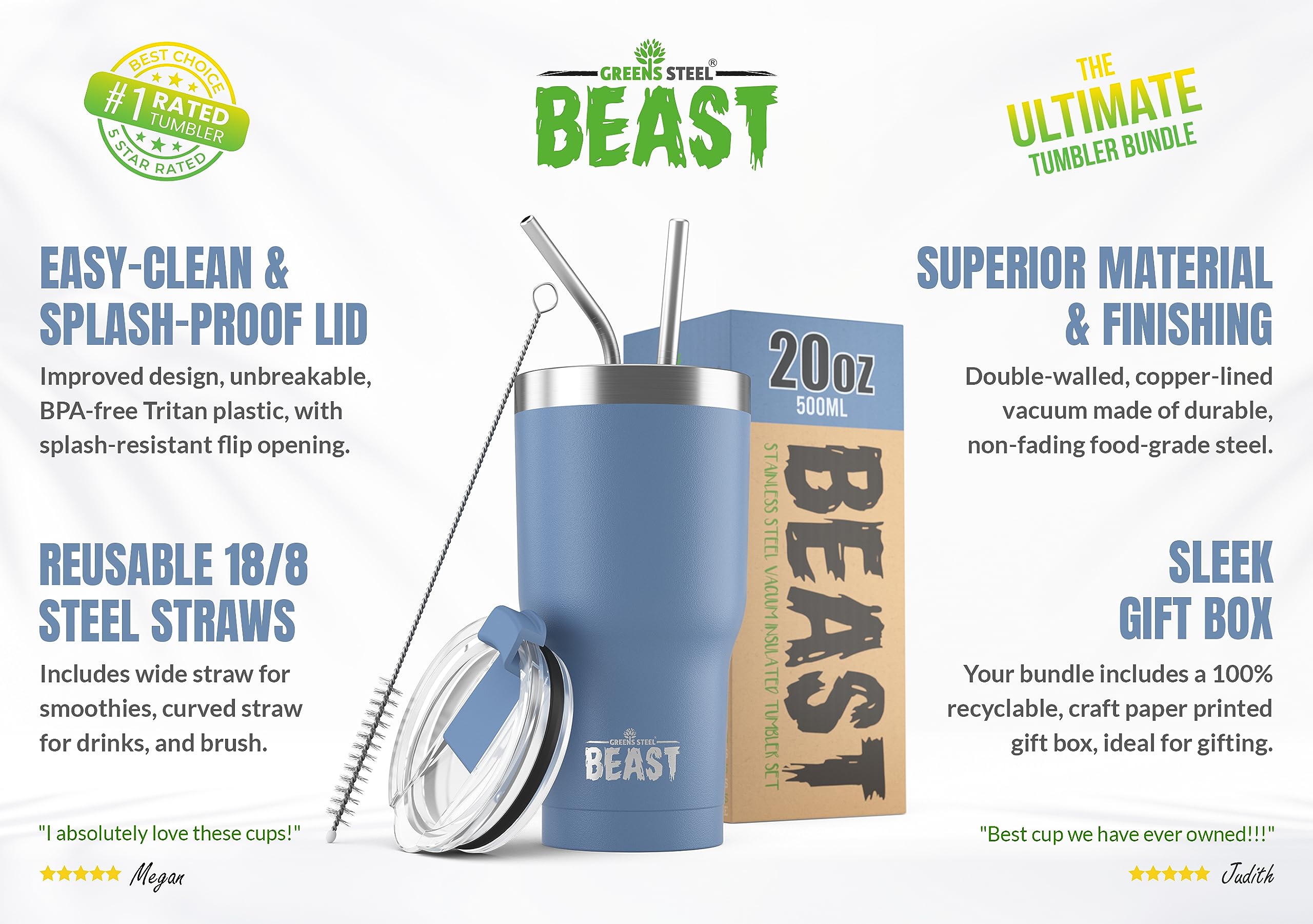 Beast 20 Oz Tumbler Stainless Steel Vacuum Insulated Coffee Ice Cup Double Wall Travel Flask (Stormy Sky Blue)