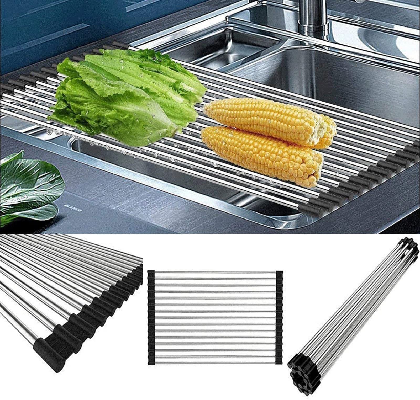Roll Up Dish Drying Rack Over The Sink Portable Stainless Still Rolling Rack Folding Mat For Kitchen Counter (17.8''Lx11.2''W, B