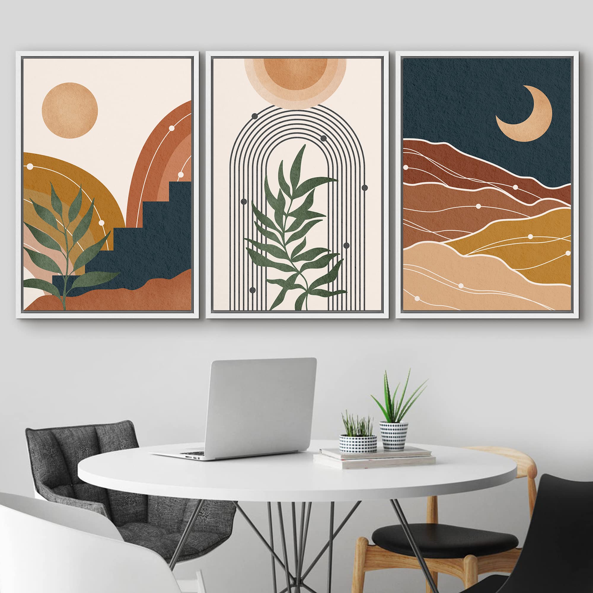 Idea4Wall Framed Wall Art Print Set Geometric Sun Moon Tropical Plant Valley Nature Abstract Illustrations Modern Decorative Rel