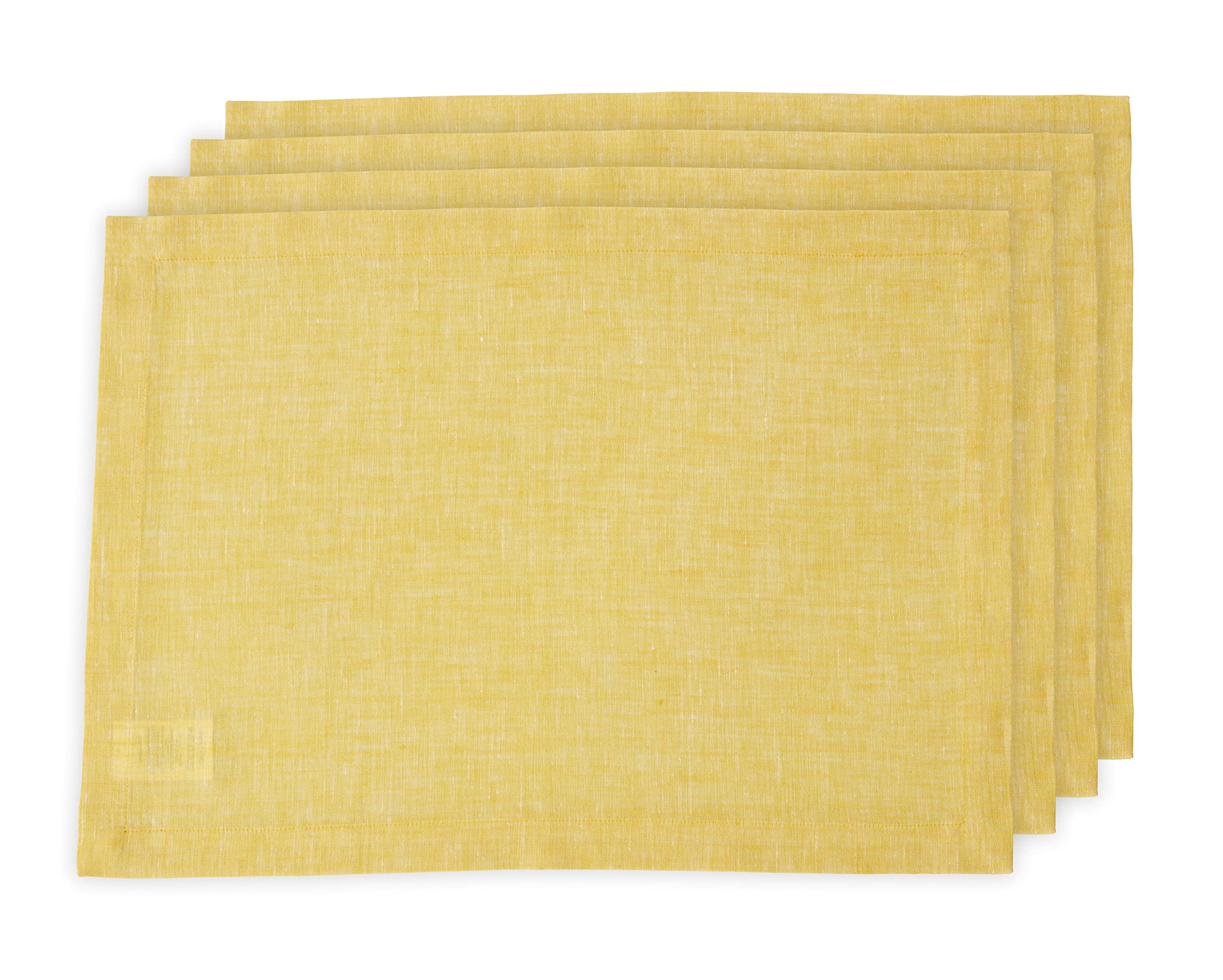 Solino Home Linen Placemats 19 L x 14 W Inch - 100% Pure Linen Chambray Lemon Yellow Cloth Placemats Set of 4 - Athena, Washable