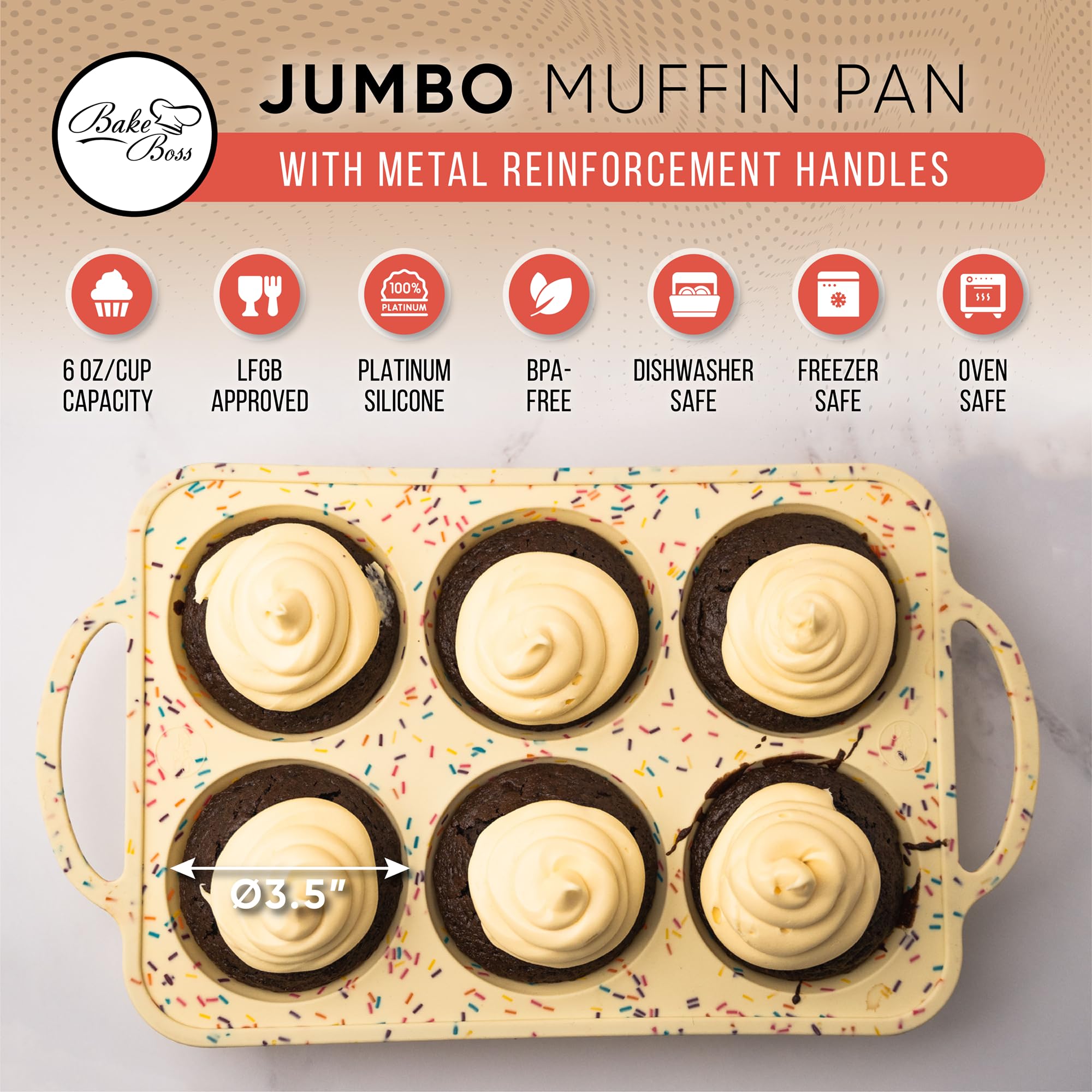 Bake Boss Silicone Jumbo Muffin Pan With Handles, 6 Cups Jumbo Cupcake Pan, Silicone Muffin Cups For Baking, Eggs & Cupcakes, No