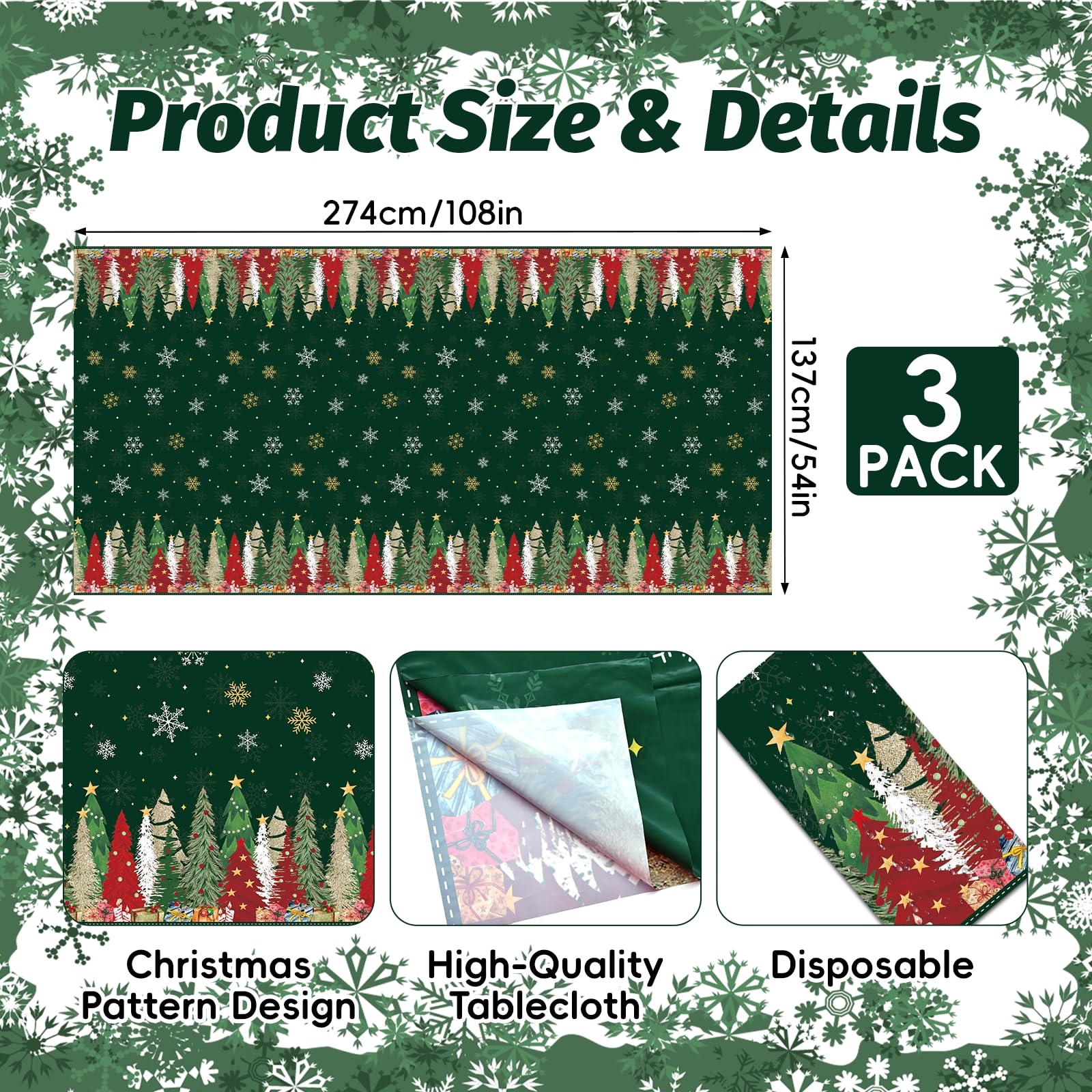 3-Piece 54 x 108 Inch Christmas Tree Plastic Tablecloth - Festive Green Holiday Disposable Table Cover for Winter Parties, Chris