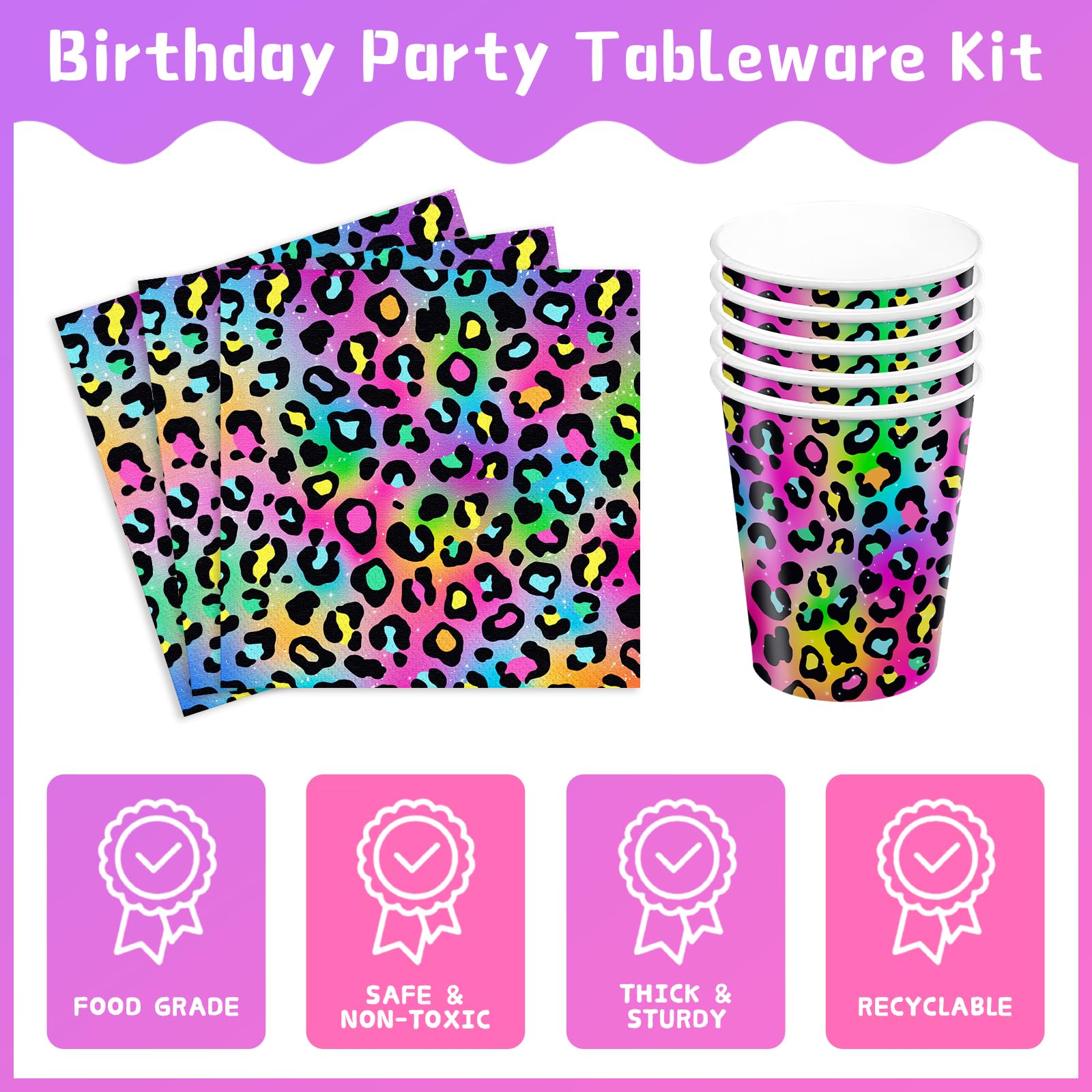 Xienbloc 120Pcs Neon Rainbow Leopard Birthday Party Supplies Paper Plates Napkins Cheetah Girl'S Sparkly Splatter Paper Tablewar