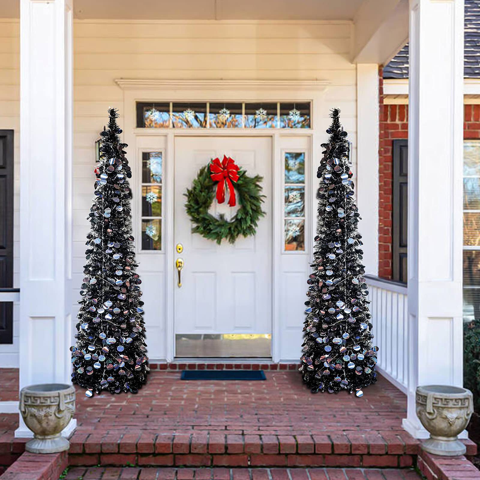 Black Halloween Christmas Tree with 50 Lights,5ft Pop Up Artificial Collapsible Pencil Tinsel Trees for Bedroom Decorations Holi