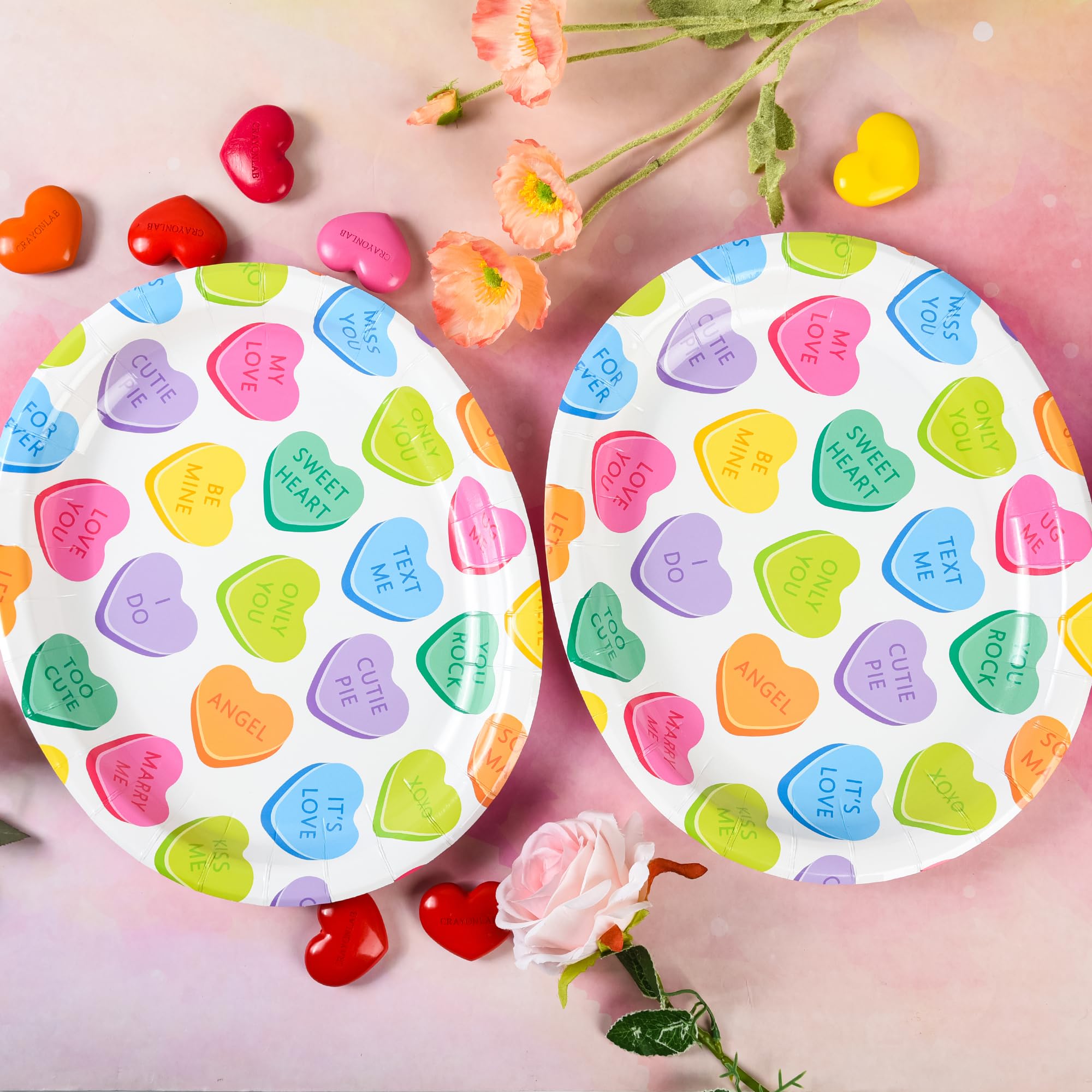 Aimfun 50Pcs Conversation Heart Oval Paper Plates Valentine'S Day Disposable Party Plates Colorful Hearts 10'' X 12'' Dinner Ser