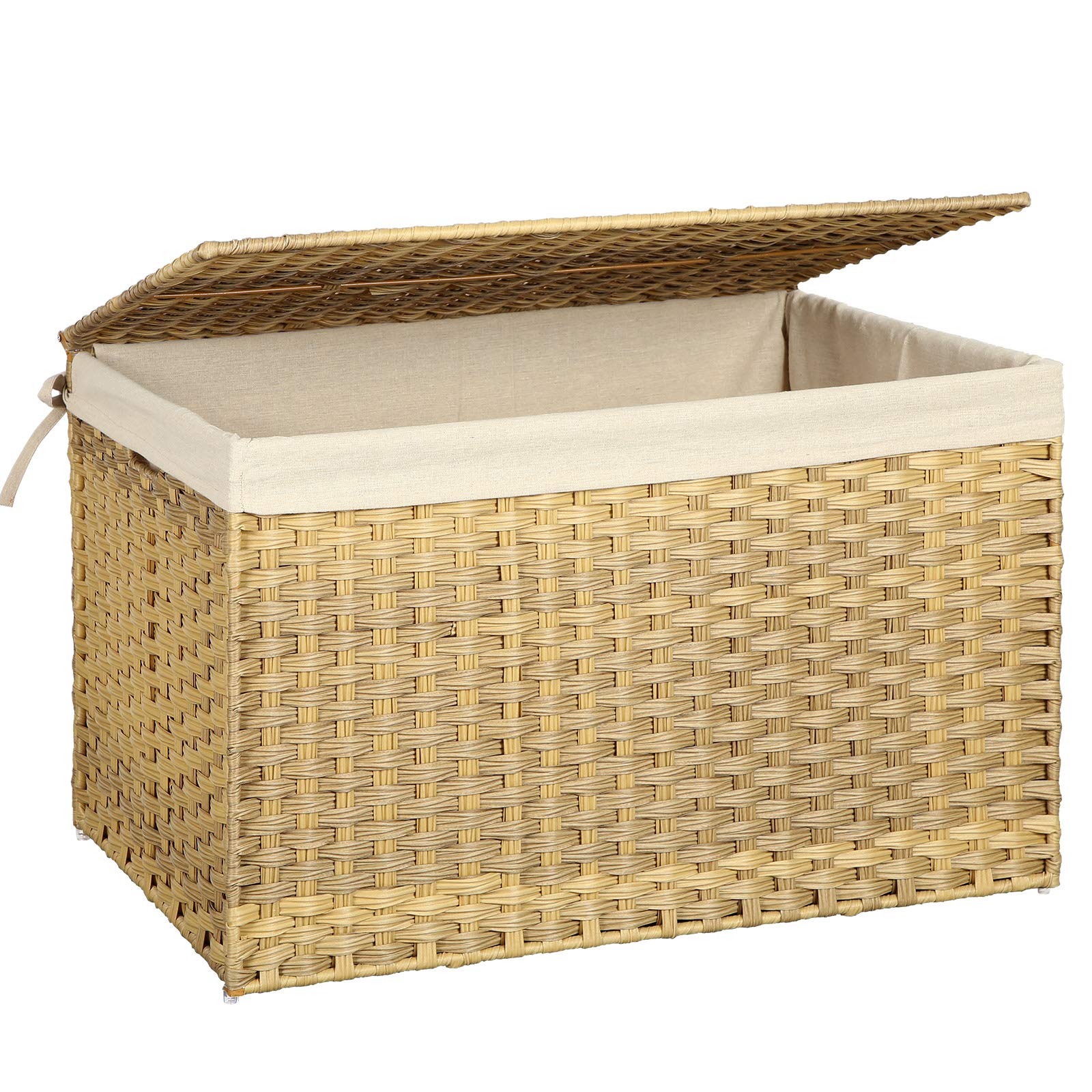 Songmics Storage Basket With Lid, Rattan-Style Storage Trunk With Cotton Liner And Handles, For Bedroom Closet Laundry Room, 29.