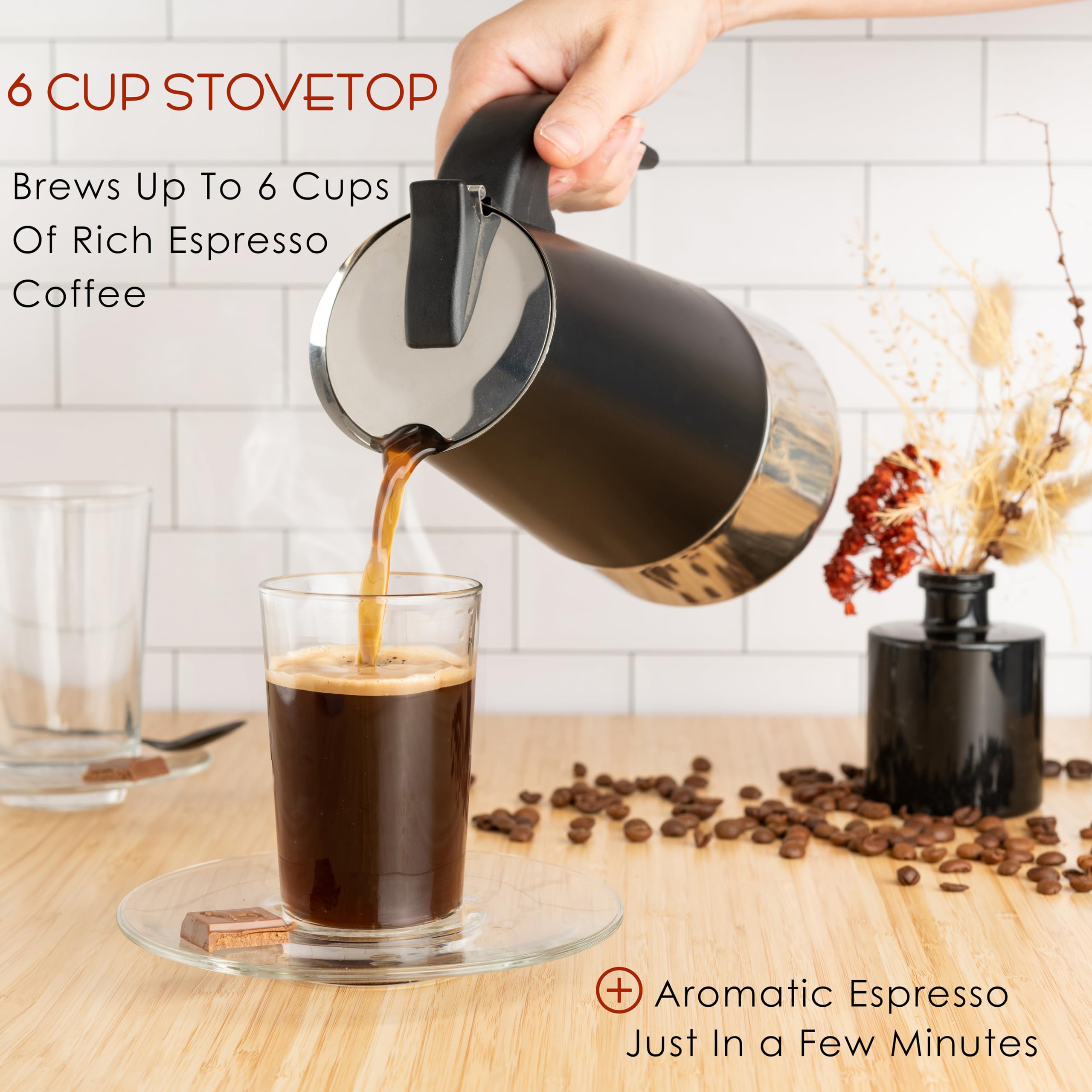 Mixpresso 6 Cup Greca Stovetop Espresso Maker 10Oz, Moka Pot With Coffee Percolator Design, Stainless Steel Stove Top Coffee Mak