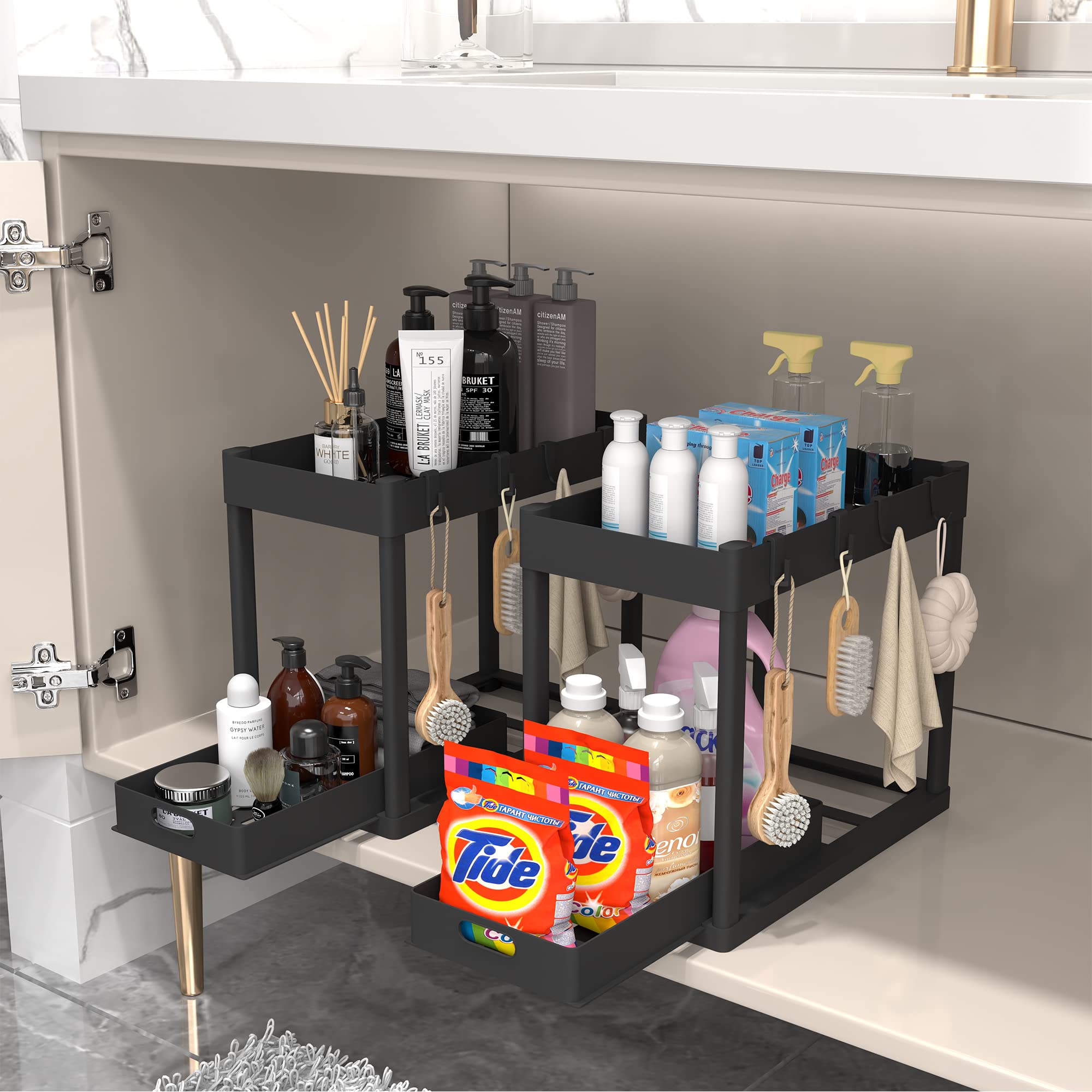Pougny 2Pc Under Sink Organizer Rack 2 Tier Under Sliding Cabinet Basket Organizer Drawer With 4 Hooks, Multi-Purpose Under Sink