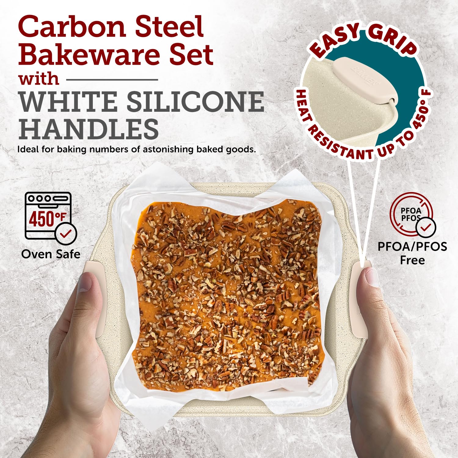 Bakkenmaster 6-Piece Deluxe Nonstick Baking Pan Set - Professional Grade Carbon Steel Bakeware With White Marble Coating & Silic