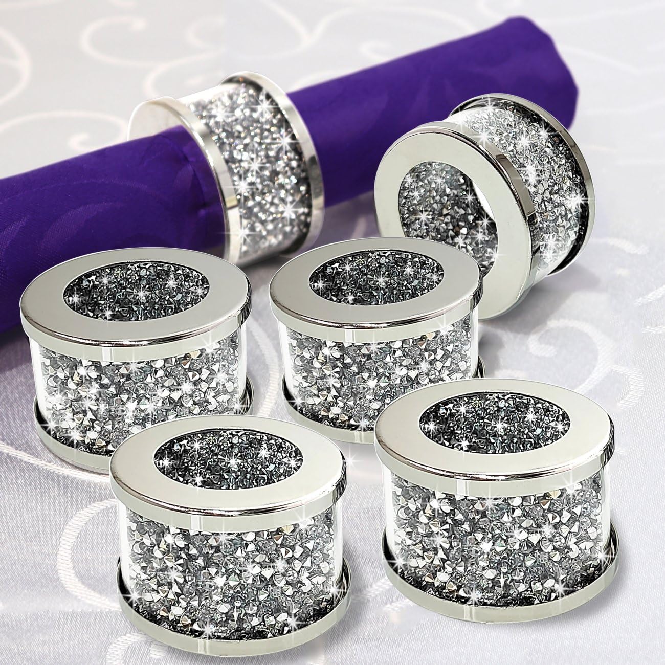 Vohjd Crystal Glass Napkin Holder Silver Diamond Napkin Rings Pack Of 6 Pieces, Glam Crushed Diamond Table Settings Bling Servie