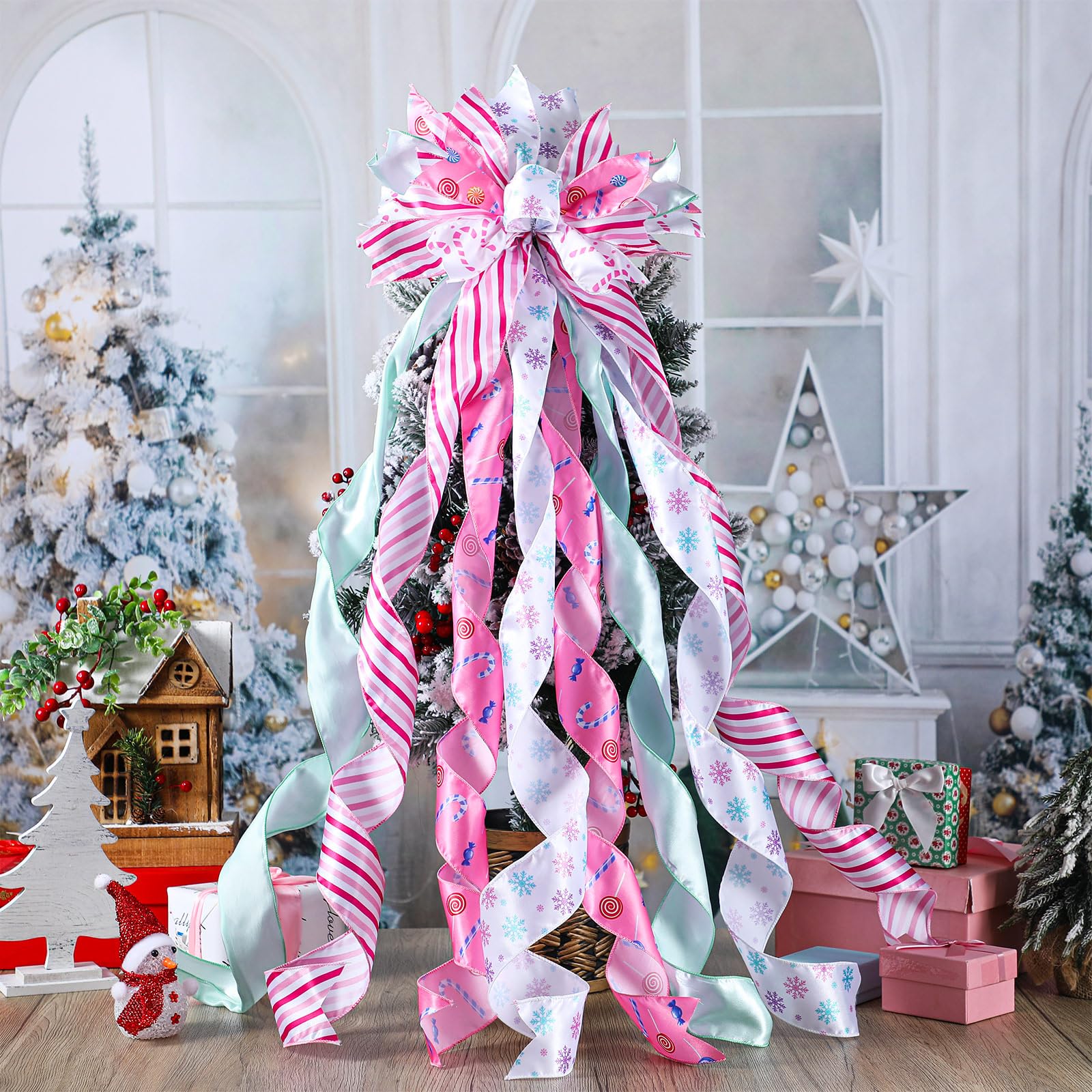 FineCheer Pastel Christmas Tree Topper Wreath Bow Large Christmas Bow Tree Topper for Xmas Ornament Family Wedding Thanksgiving
