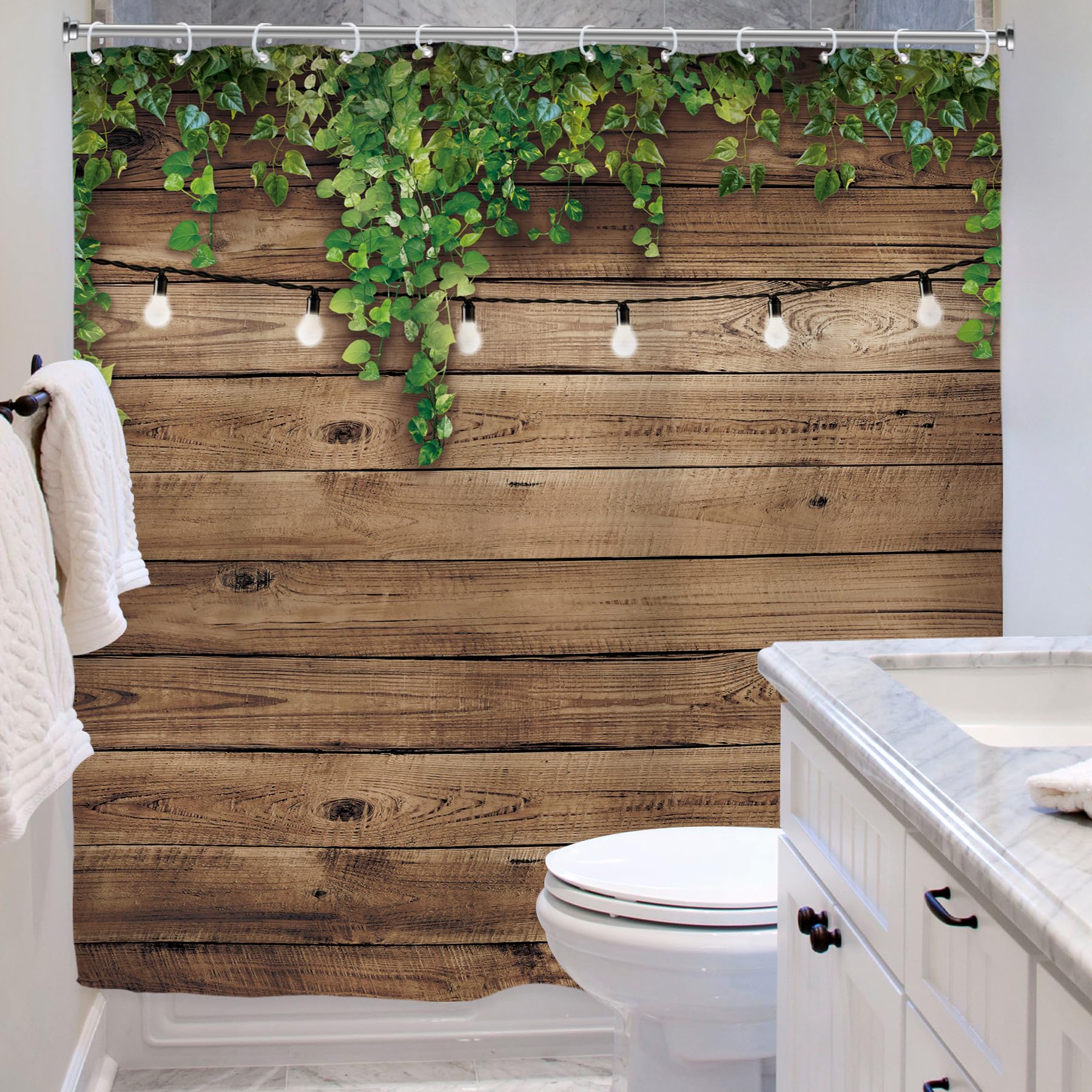 Riyidecor Rustic Farmhouse Outdoor Shower Curtain Wooden Bran Door Green Leaves Antique Brown Wall Lights Bathroom Home Decor Waterproof Polyester 72WX72H Inch 12 Pack Hooks