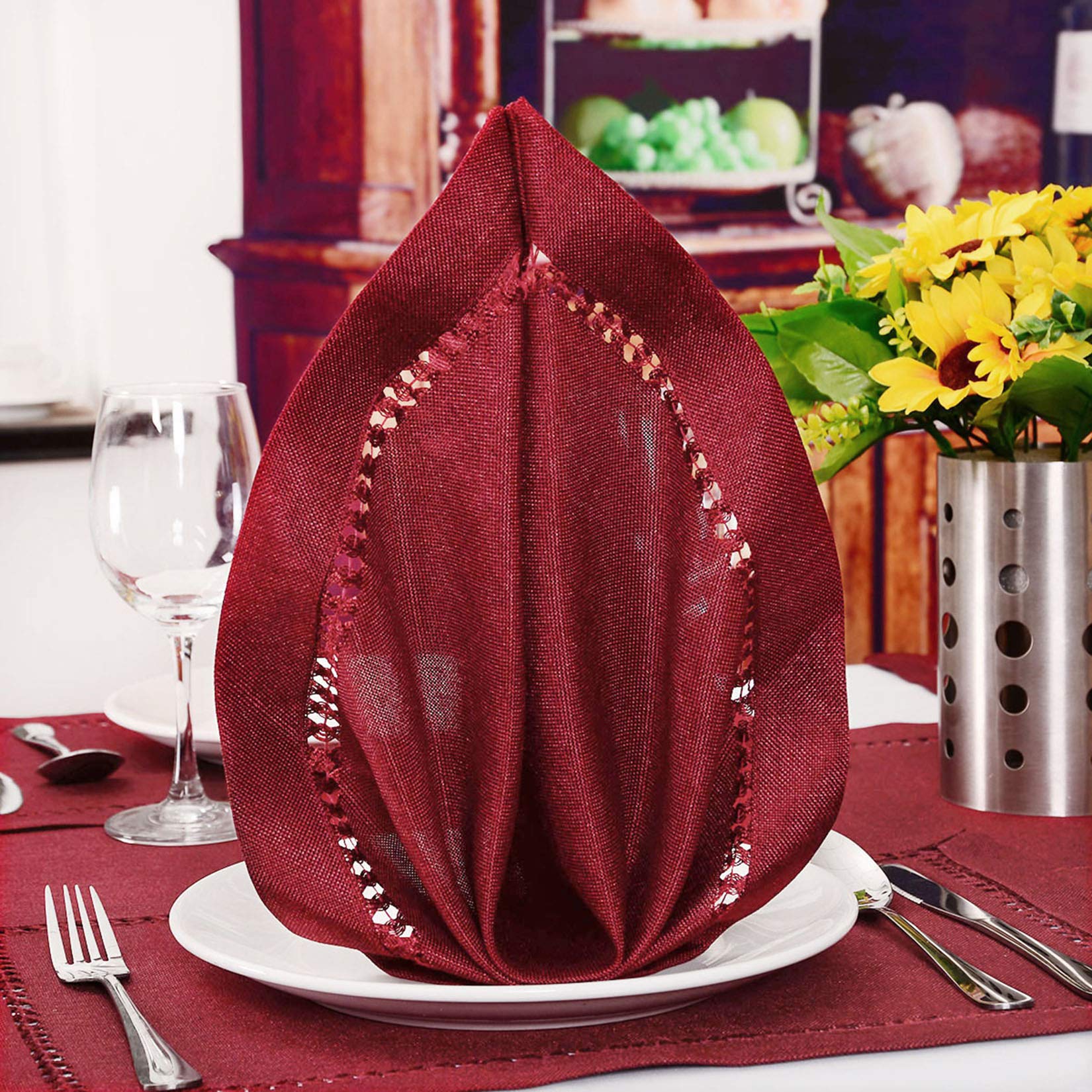 Grelucgo Handcrafted Solid Color Napkins, Double-Hemstitched (Burgundy, 18 X 18 Napkins (Set Of 4))