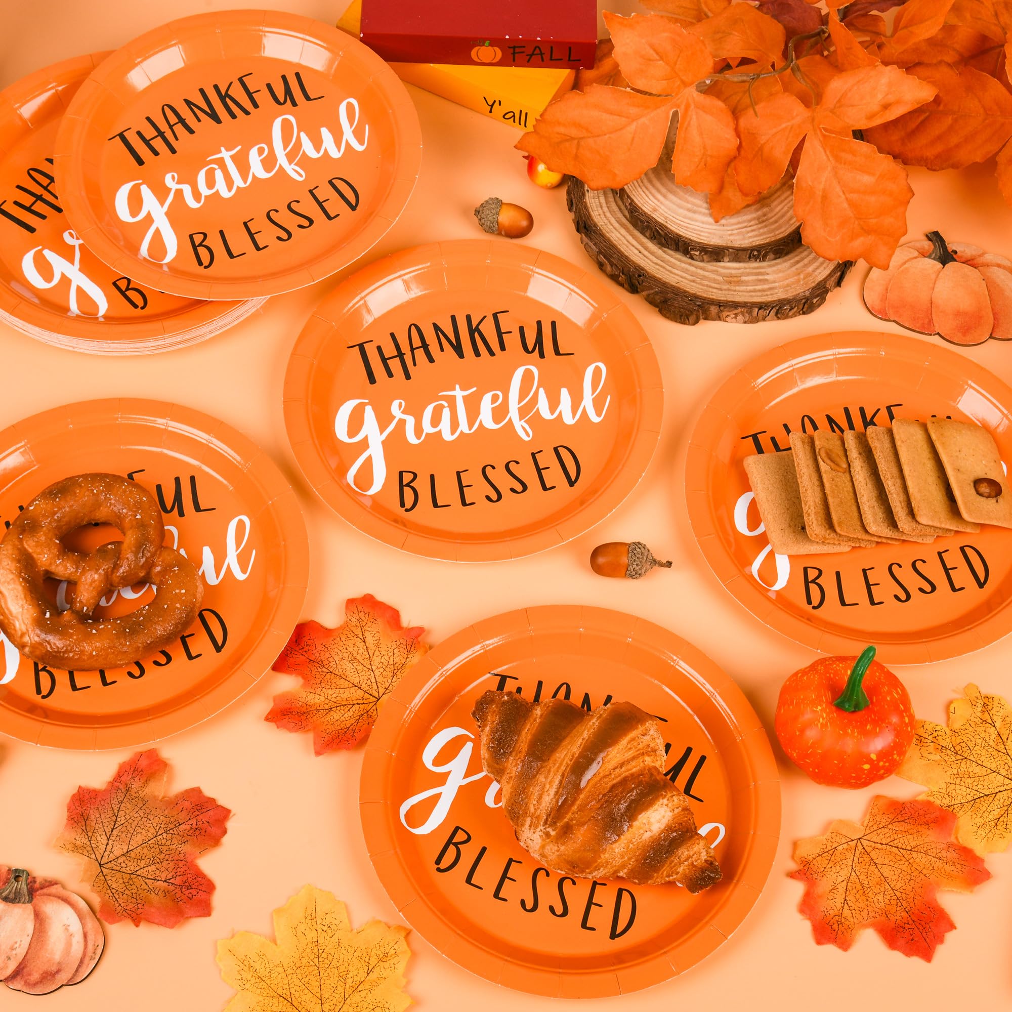 AllReal 24Pcs Thankful Grateful Blessed Paper Plates Fall Thanksgiving Disposable 7 Orange Dessert Plate for Harvest Autumn Part