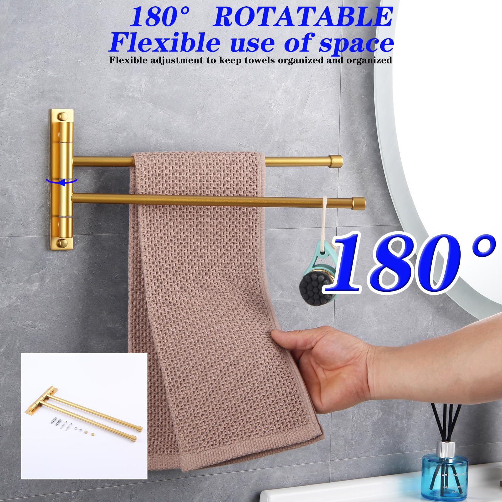Gerzwy Bathroom Swing Arm Towel Bars 2-Arm Wall Mount Stainless Steel Bath Towel Rack Hanger Towel Holder Organizer Gold Finishe
