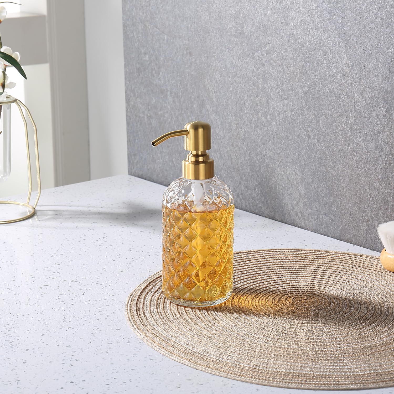 Tutew Glass Gold Bathroom Soap Dispenser,16 Oz Glass Dish Soap Dispenser With Rustproof Stainless Steel Gold Pump, Brushed Gold