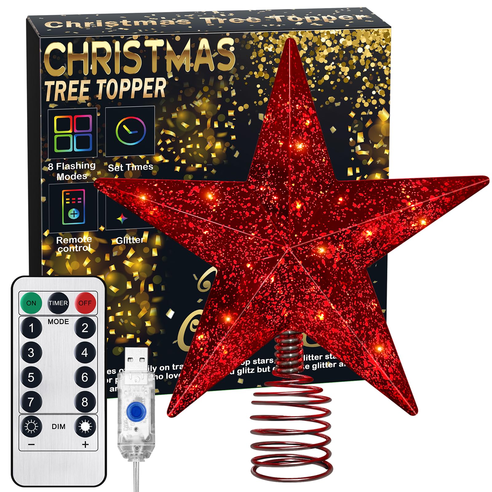 Red Christmas Tree Star Topper with Lights, 8.5-Inch Light-Up Christmas Tree Topper with Remote Control, 4 Brightness Levels & 8