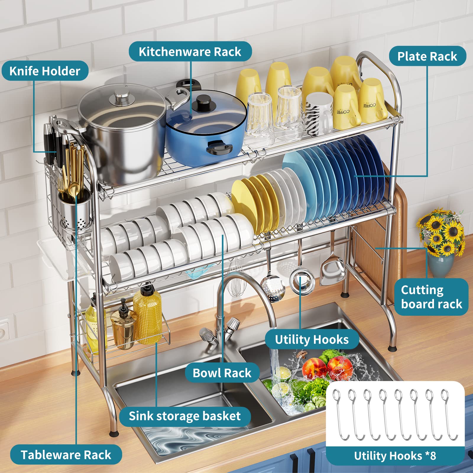 Over The Sink Dish Drying Rack, Howdia 2-Tier Stainless Steel Large Over The Sink Dish Rack With Utensil Holder Dish Drainers Fo
