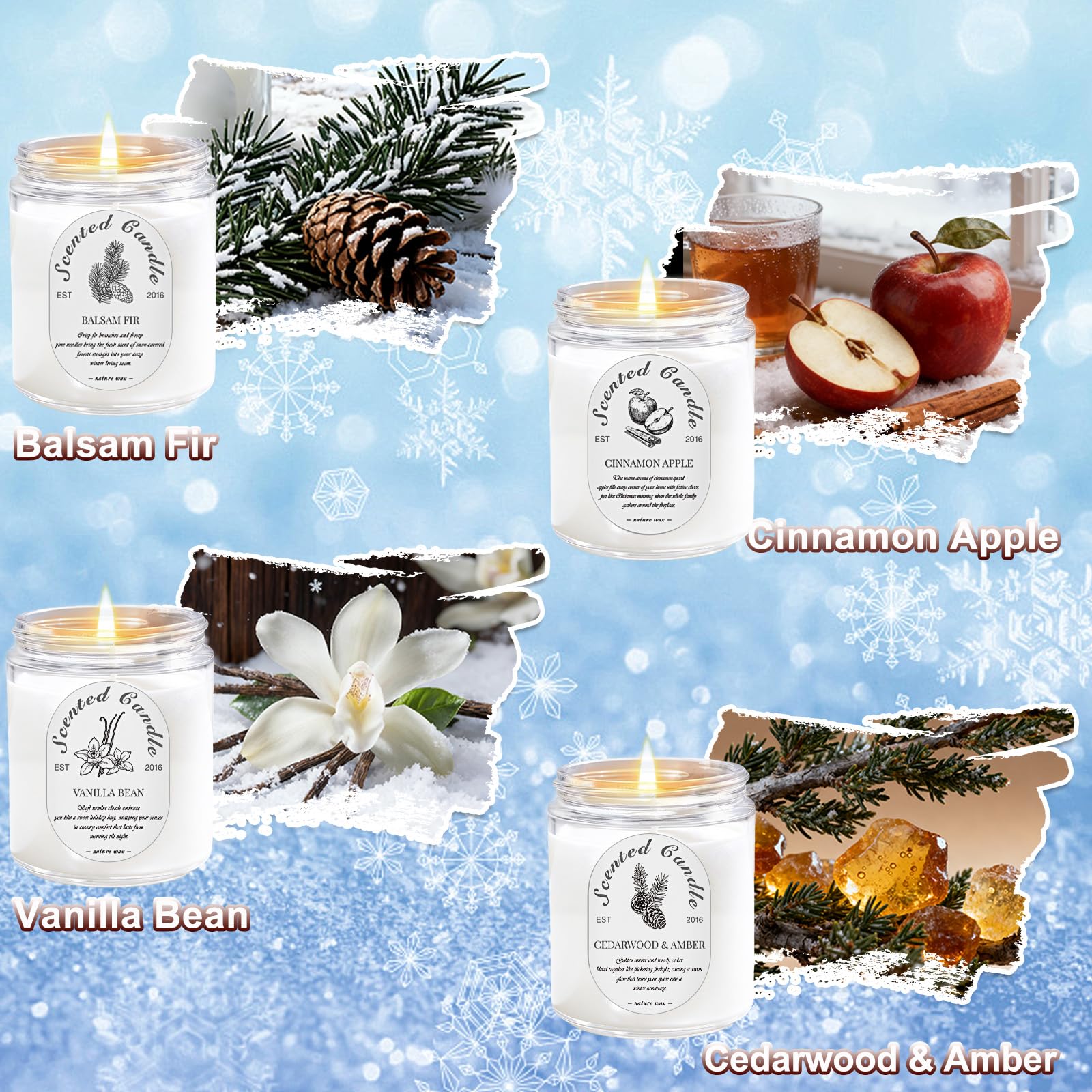 Winter Candle Gift Set, 4 Pack 28oz Soy Wax Scented Candles for Home - Cinnamon Apple, Balsam Fir, Vanilla Bean, Cedarwood & Amb