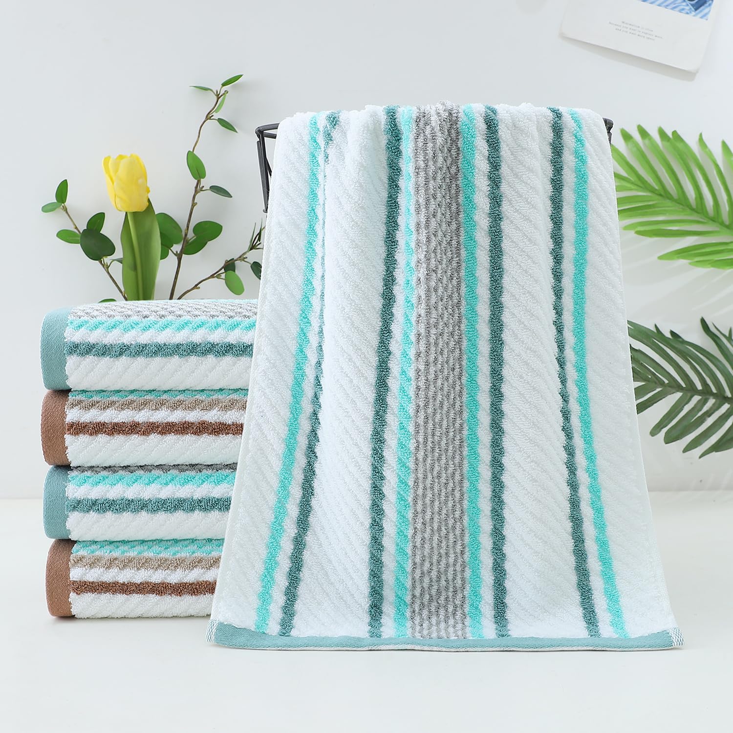 Pidada Bath Hand Towel Set Of 3 Striped Pattern 100% Cotton Soft Absorbent Decorative Towels For Bathroom (Green)