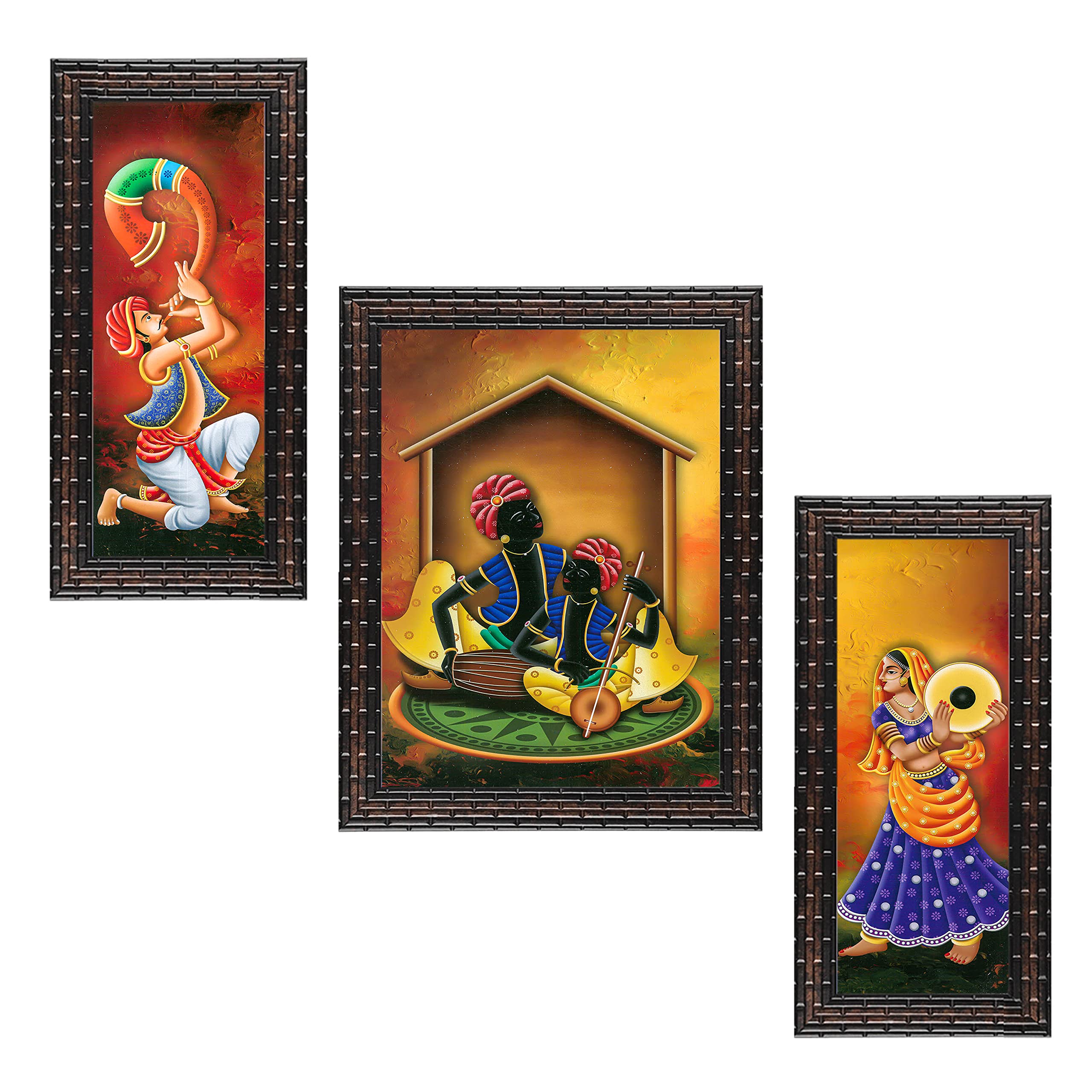 Indianara Rajasthani Folk Music And Dance Rectangular Synthetic Wood Art Painting (35 Cm X 28 Cm X 3 Cm, Set Of 3)