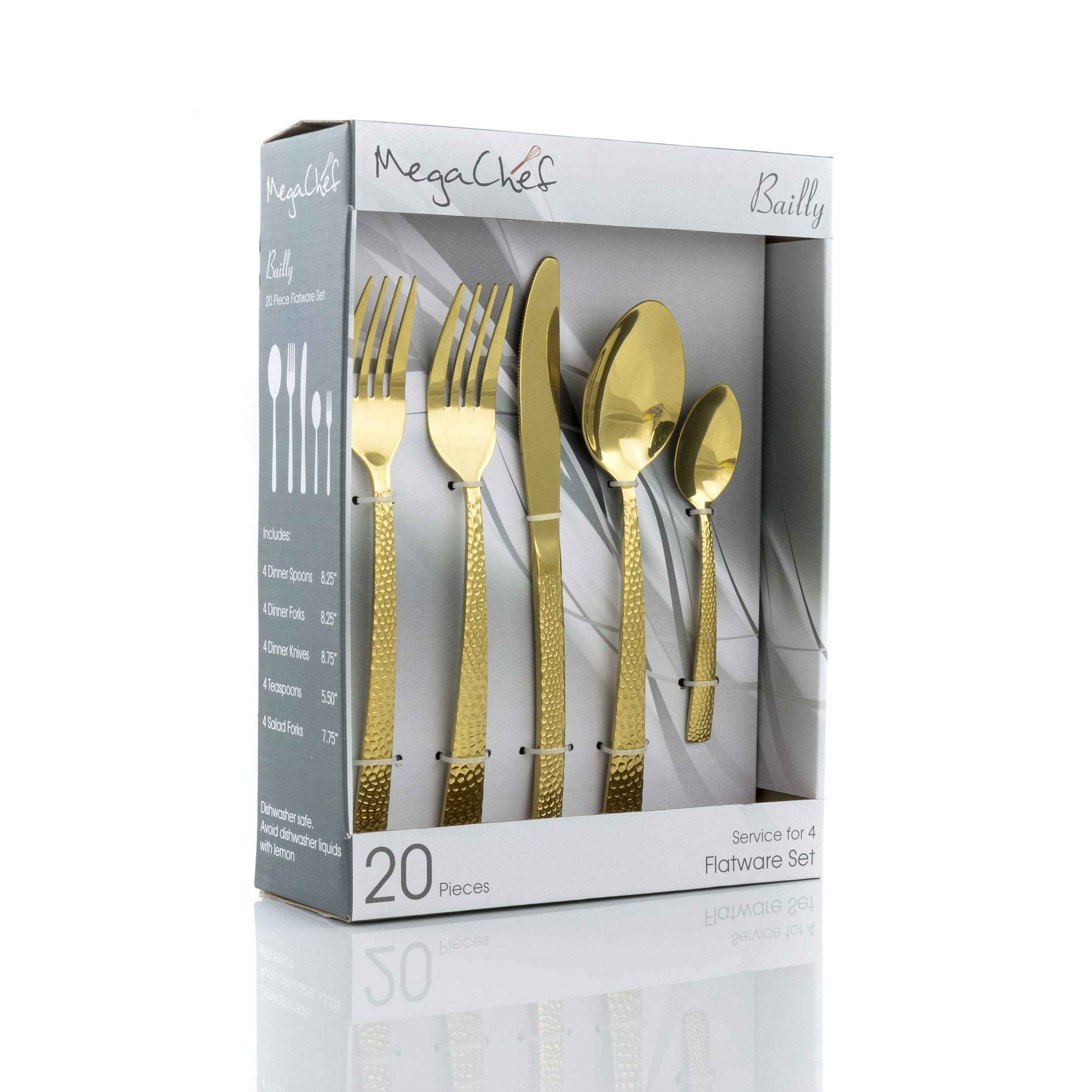 MegaChef Baily 20 Piece Flatware Utensil Set, Stainless Steel Silverware Metal Service for 4 in Gold