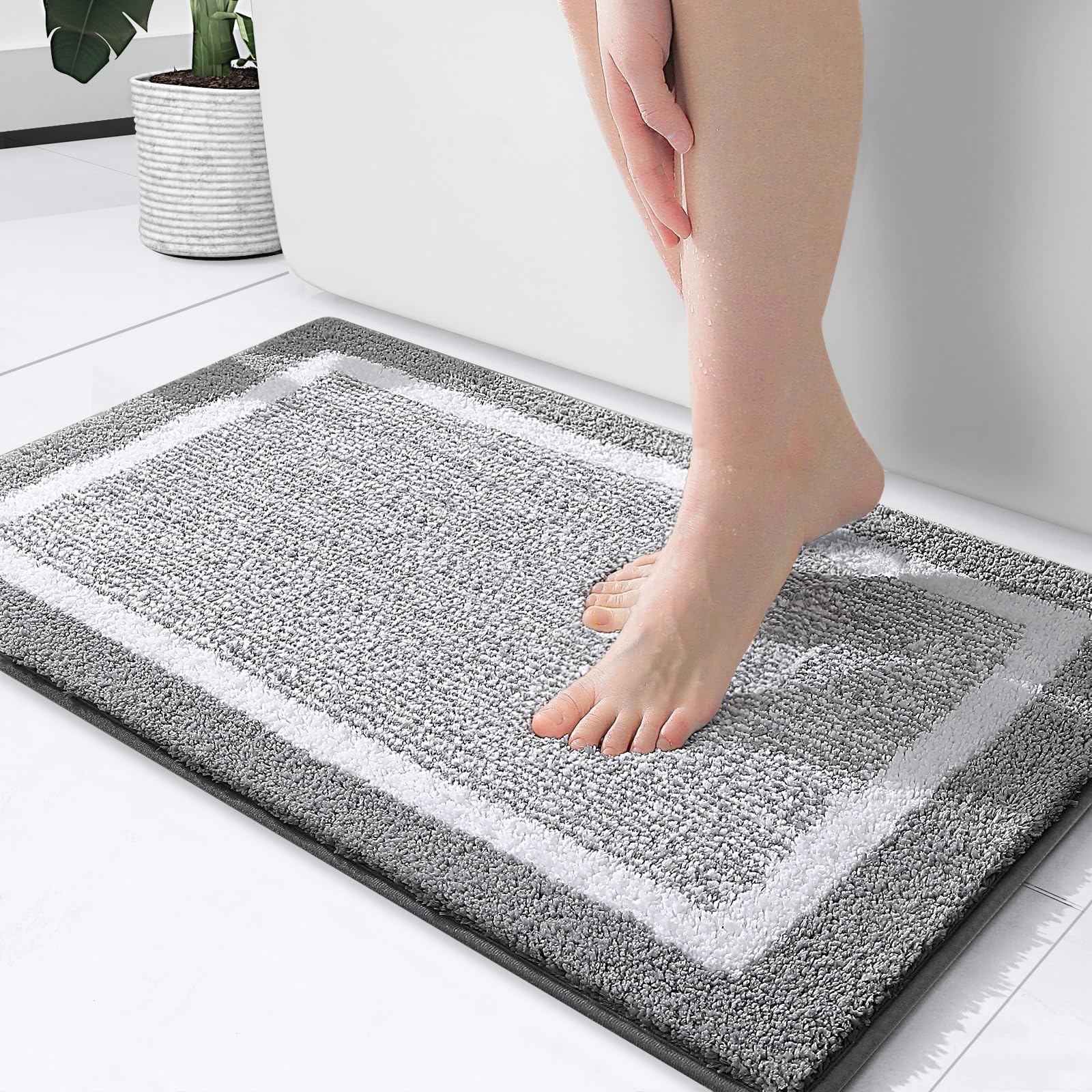 OLANLY Bathroom Rugs 24x16  Extra Soft and Absorbent Microfiber Bath Mat  Non-Slip  Machine Washable  Quick Dry Shaggy Bath Carpet  Suitable for Bathroom Floor  Tub  Shower (Grey and White)