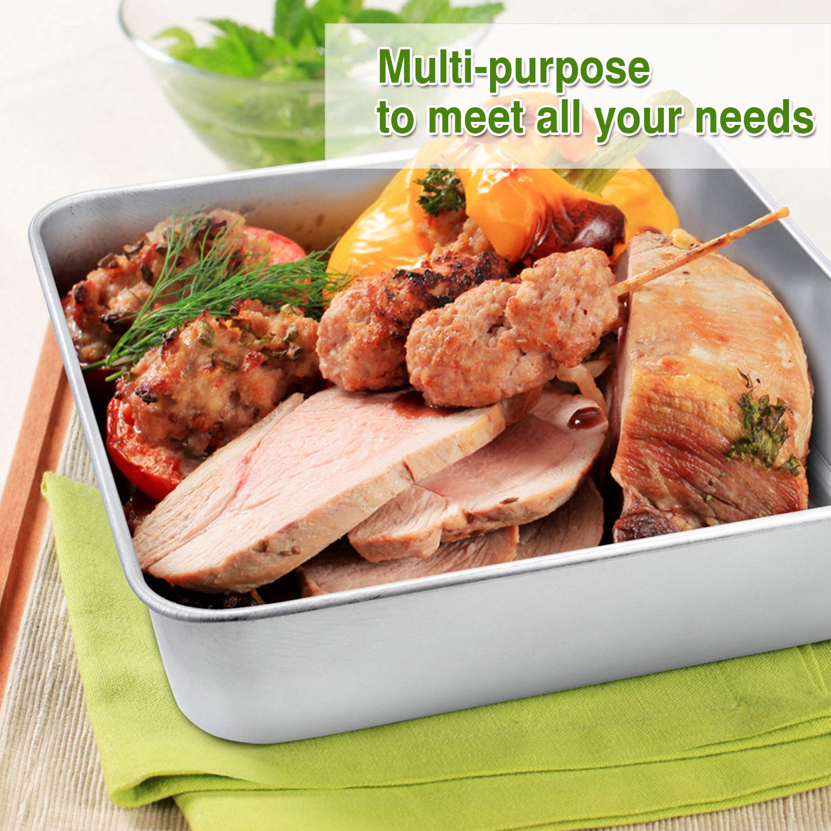 P&P Chef 8 Inch Square Cake Pan Set Of 3, Stainless Steel Deep Baking Pans Lasagna Bread Brownie Pans, One-Piece Construction &