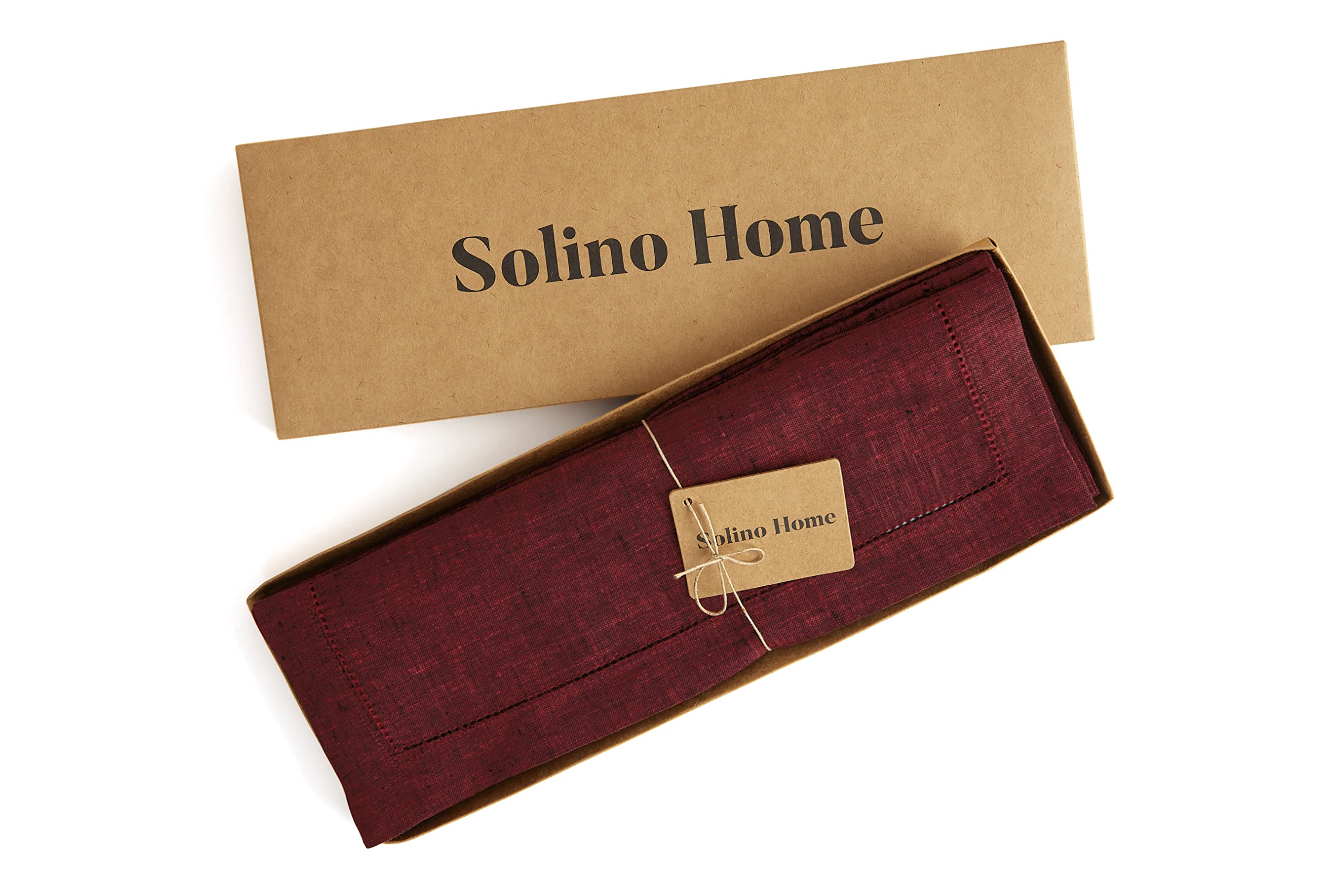 Solino Home Linen Placemats 14 x 19 Inch - 100% Pure Linen Red Garnet Placemats Set of 4 - Milan Hemstitch Tablemats for Kitchen  Dining  Dinner - Machine Washable and Handcrafted from European Flax