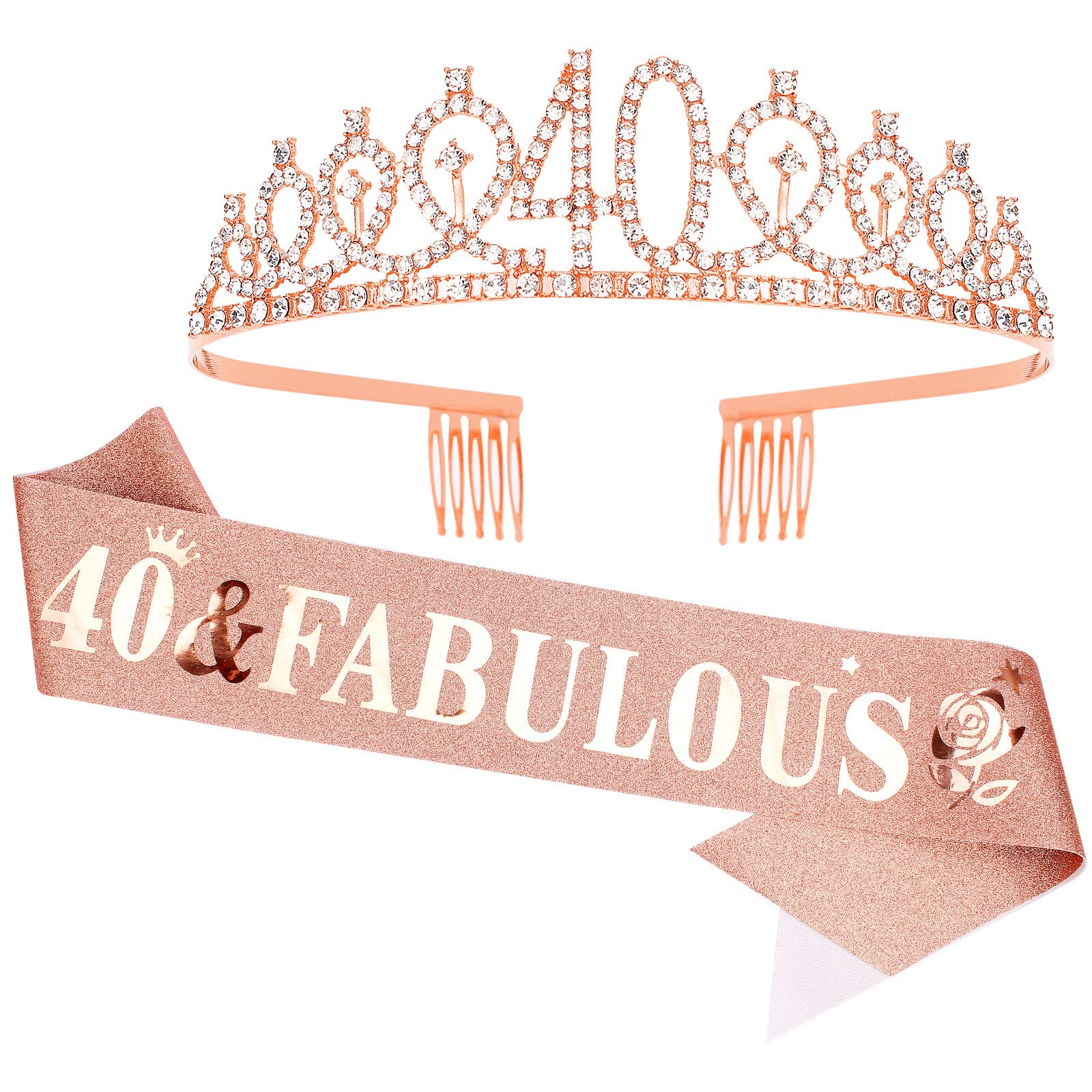 Casoty 40Th Birthday Sash And Tiara For Women, 40Th Birthday Decorations Women, Rose Gold 40Th Crown And 40 & Fabulous Sash Set,
