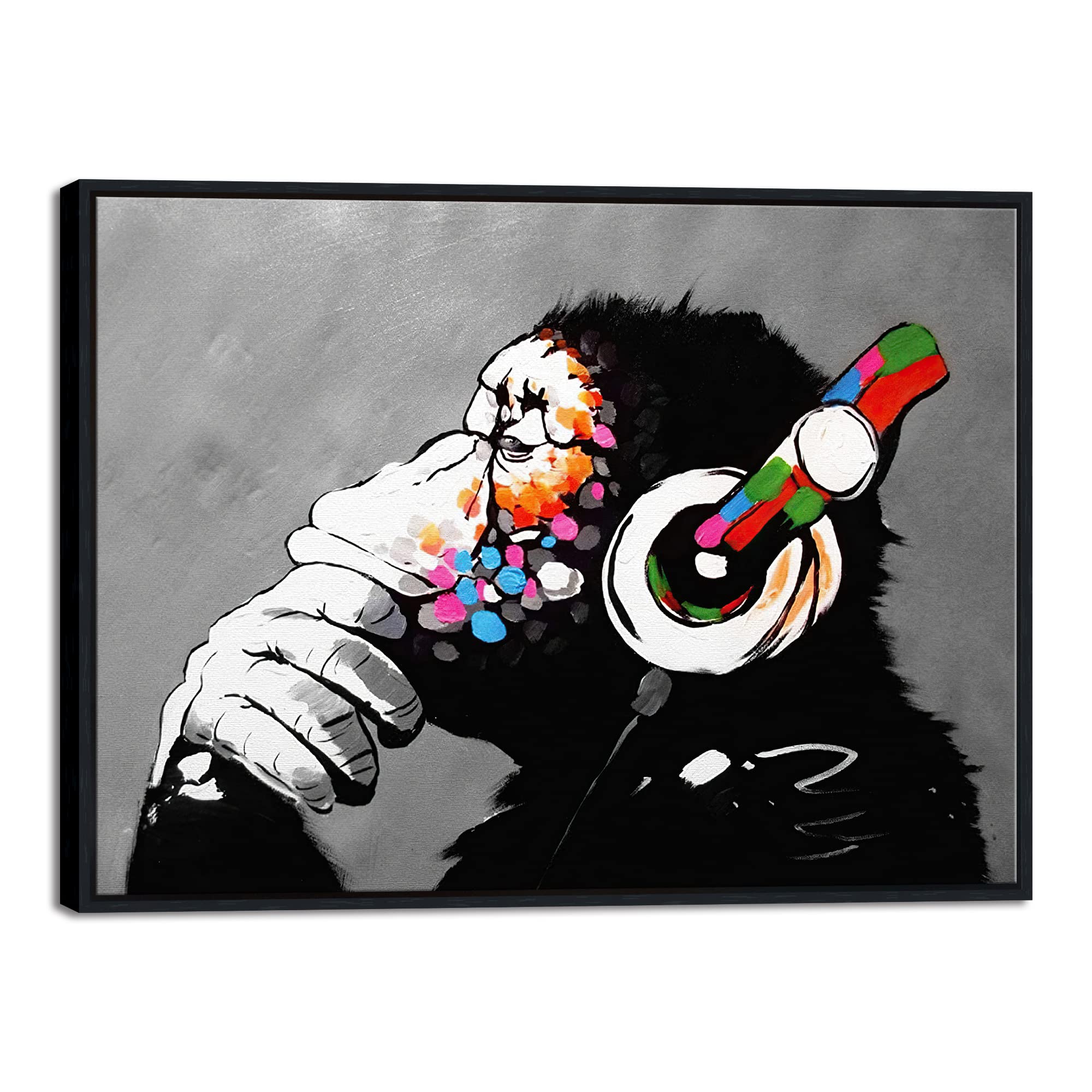 Wieco Art Black Framed Monkey With Headphones Banksy Graffiti Art Abstract Canvas Painting Posters And Prints Animal Canvas Wall