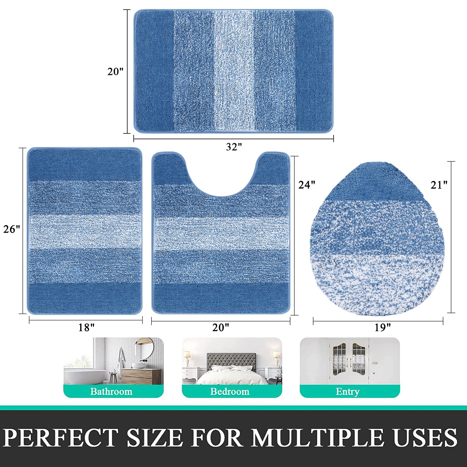 Bsmathom Bathroom Rugs Sets 4 Piece With Toilet Cover, Plush Shaggy Microfiber Bath Rugs Non Slip, Absorbent Machine Washable Ba