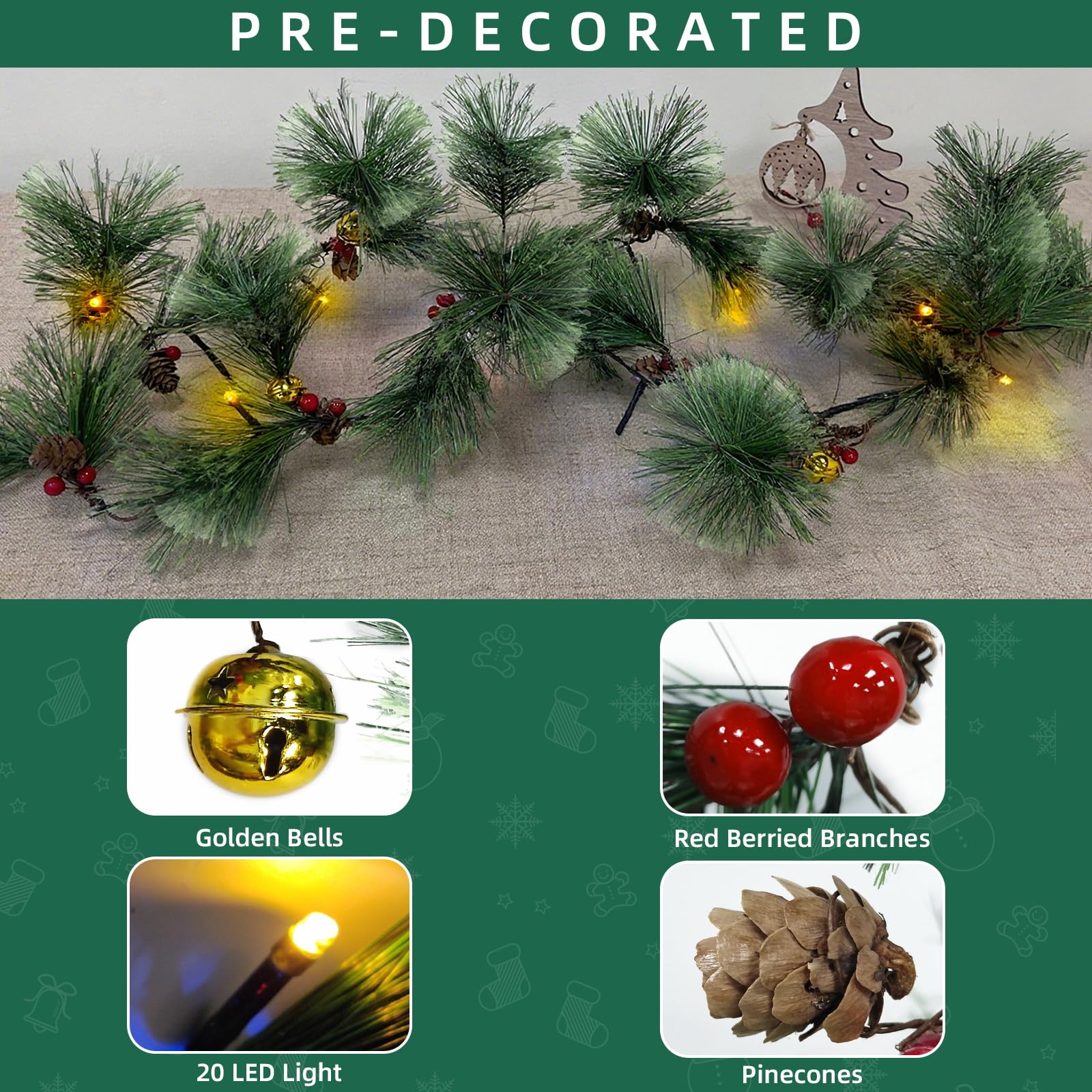 6FT Prelit Smokey Christmas Garland with Lights Timer 8 Mode, Prelit Natural Rustic Cedar Pine Garland with Warm White Lights Pi