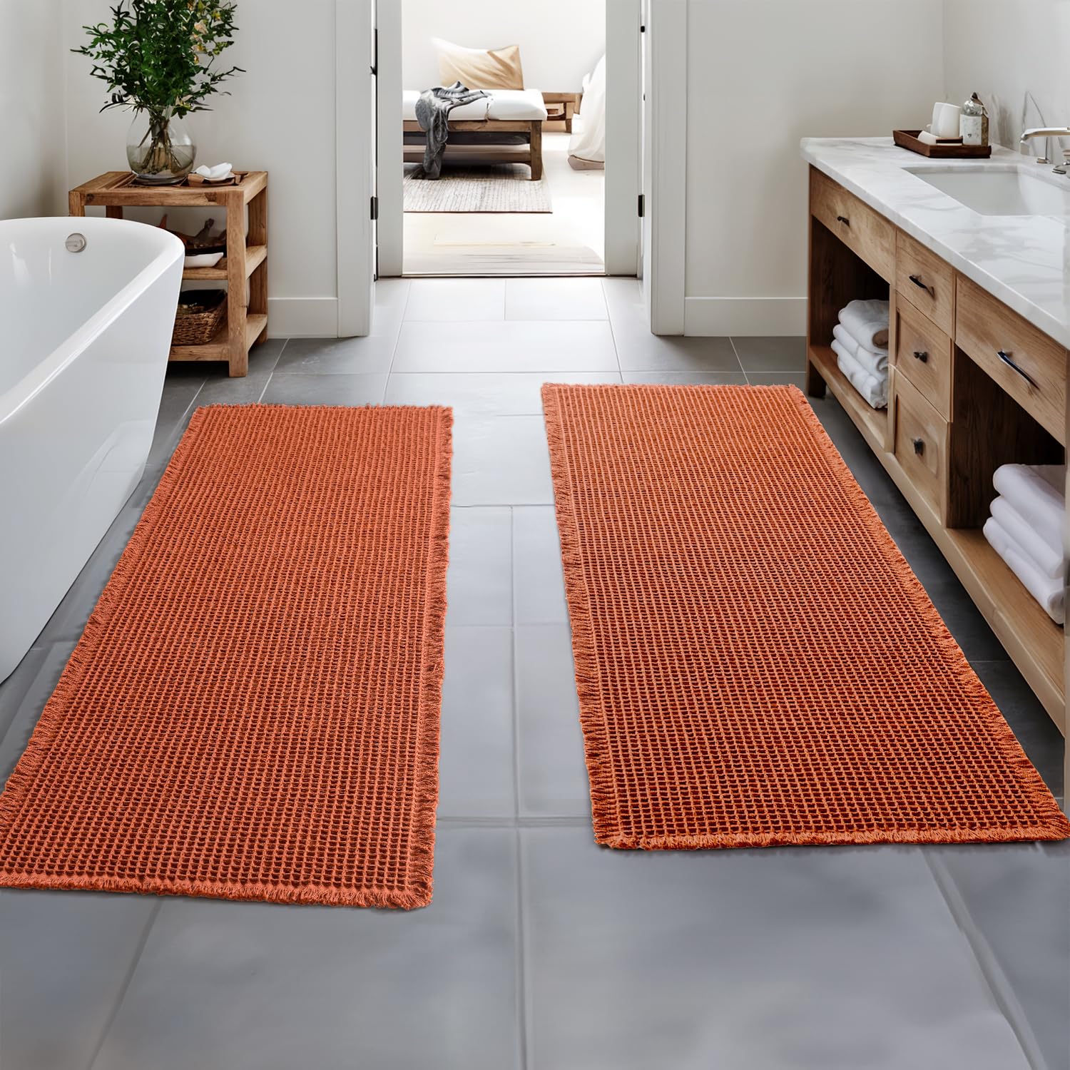 MIULEE Orange Set of 2 Waffle Bathroom Runner Rugs, Boho Bath Rug Non Slip Washable, Super Absorbent Runner Bath Mats, Rubber Ba