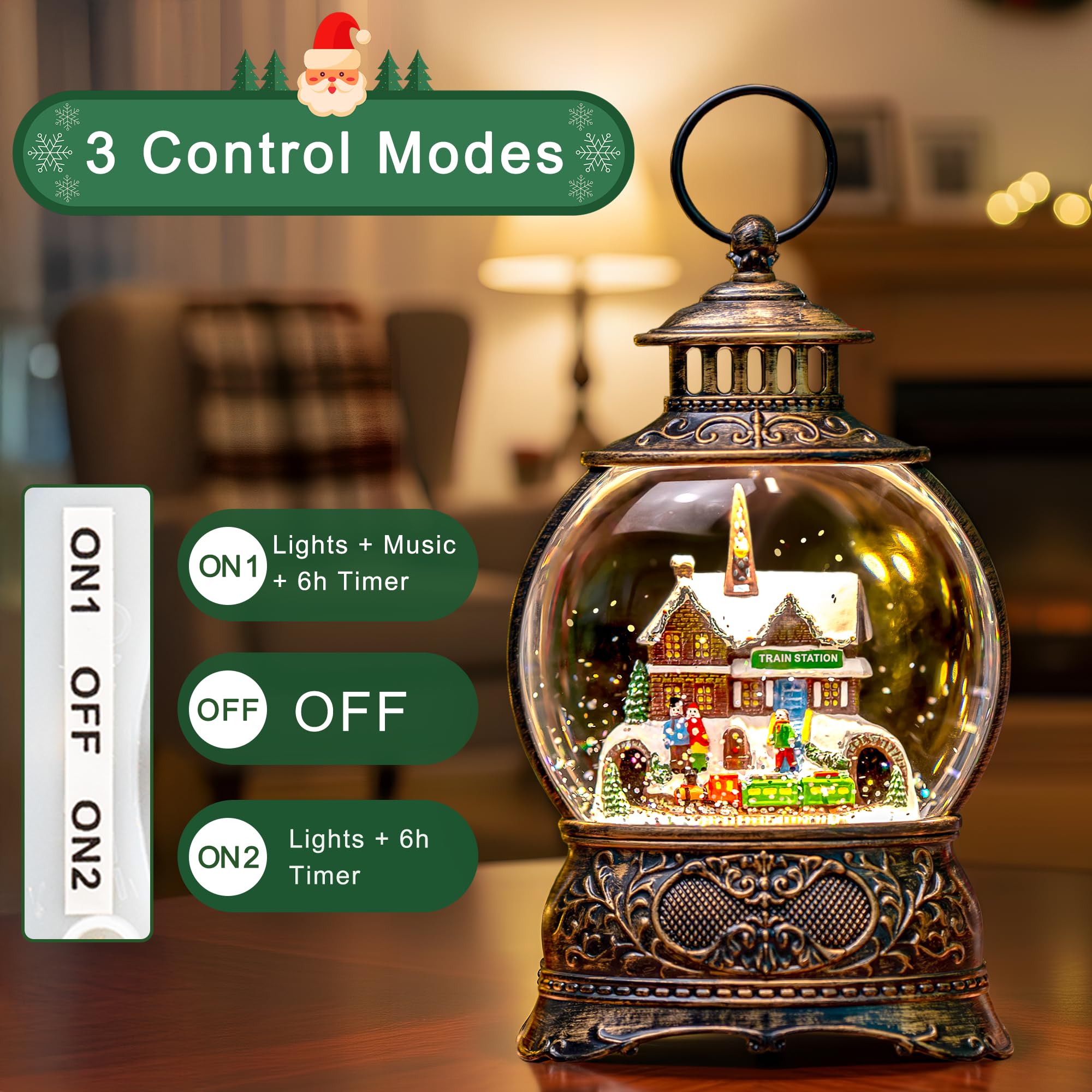 Christmas Village Snow Globe Water Lantern with Train Station Scene Battery Operated or USB Powered Musical Lighted Holiday Deco
